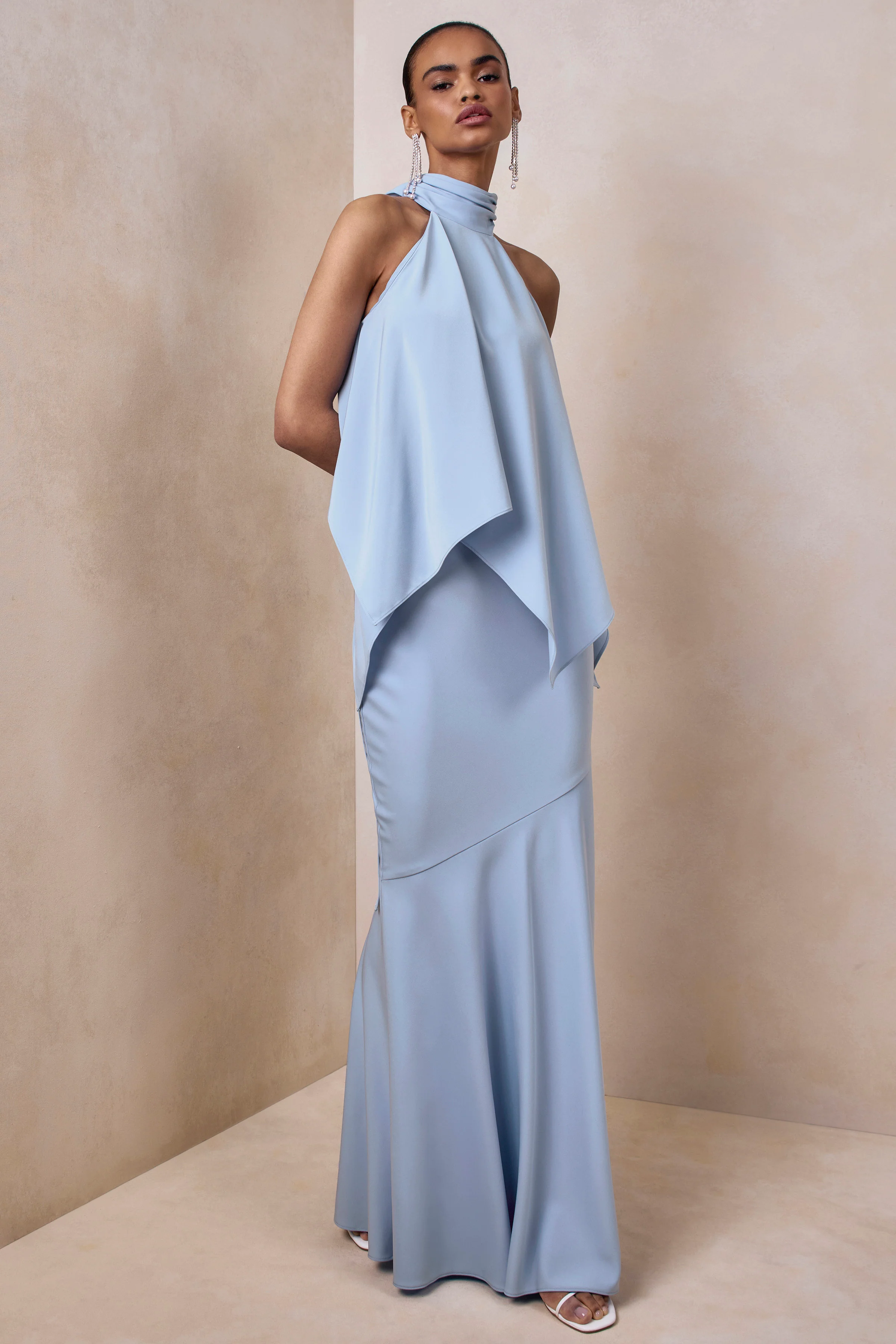 Vayla | Powder Blue Matte Satin Asymmetric Drop-Waist Maxi Skirt