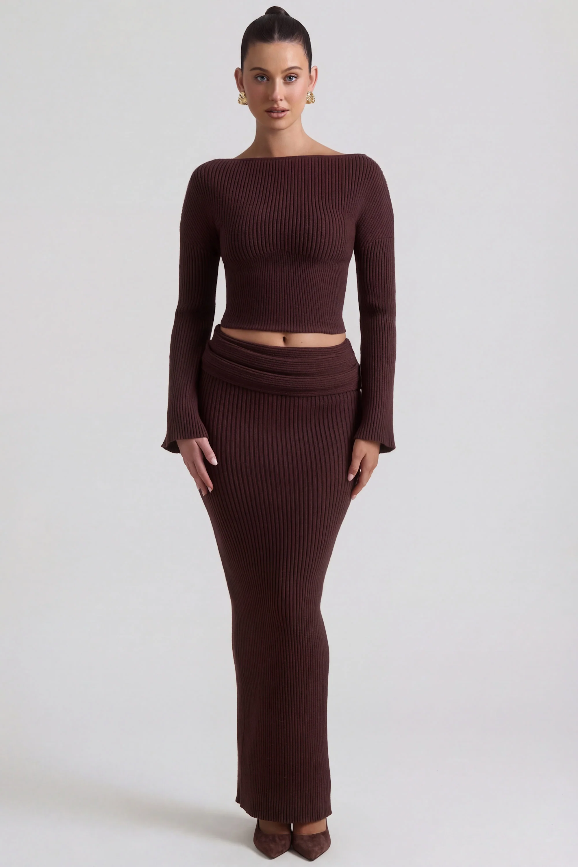 Ribbed-Knit Foldover Maxi Skirt in Espresso