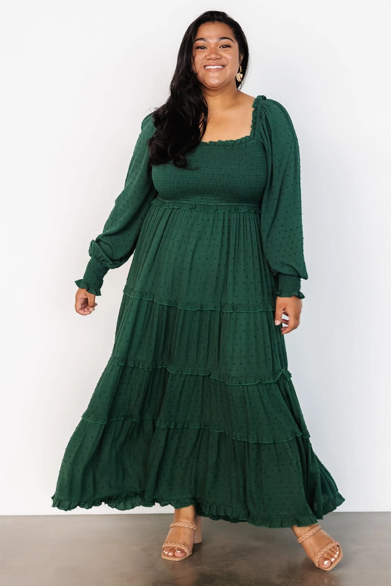 Amanda Smocked Dotted Maxi Dress | Evergreen