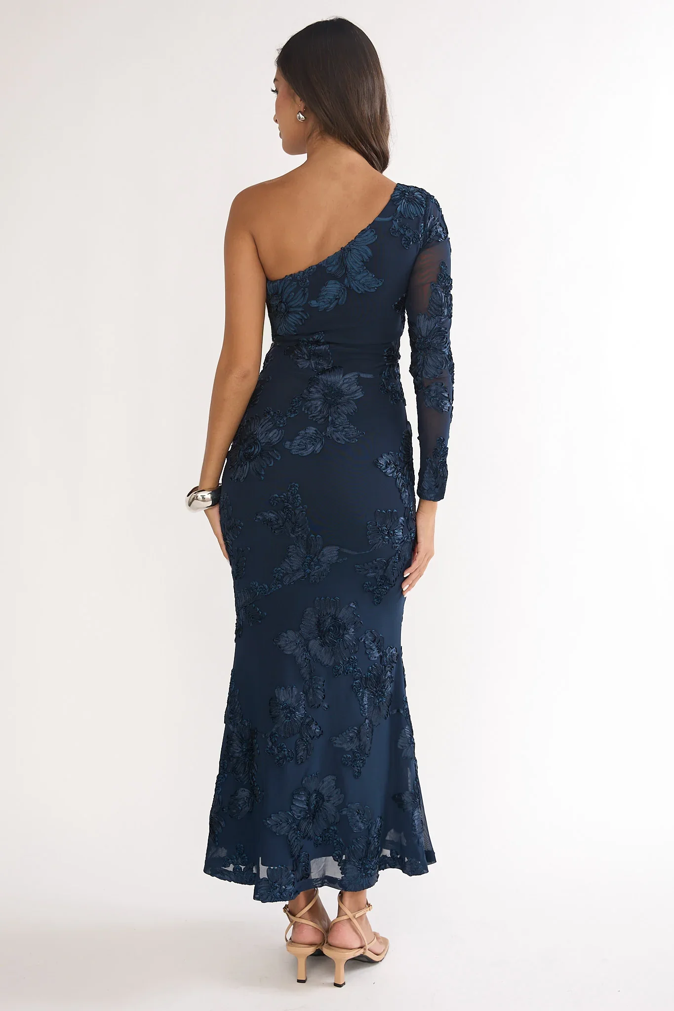 Deanna One-Shoulder Sleeve Maxi Dress Embellished Navy