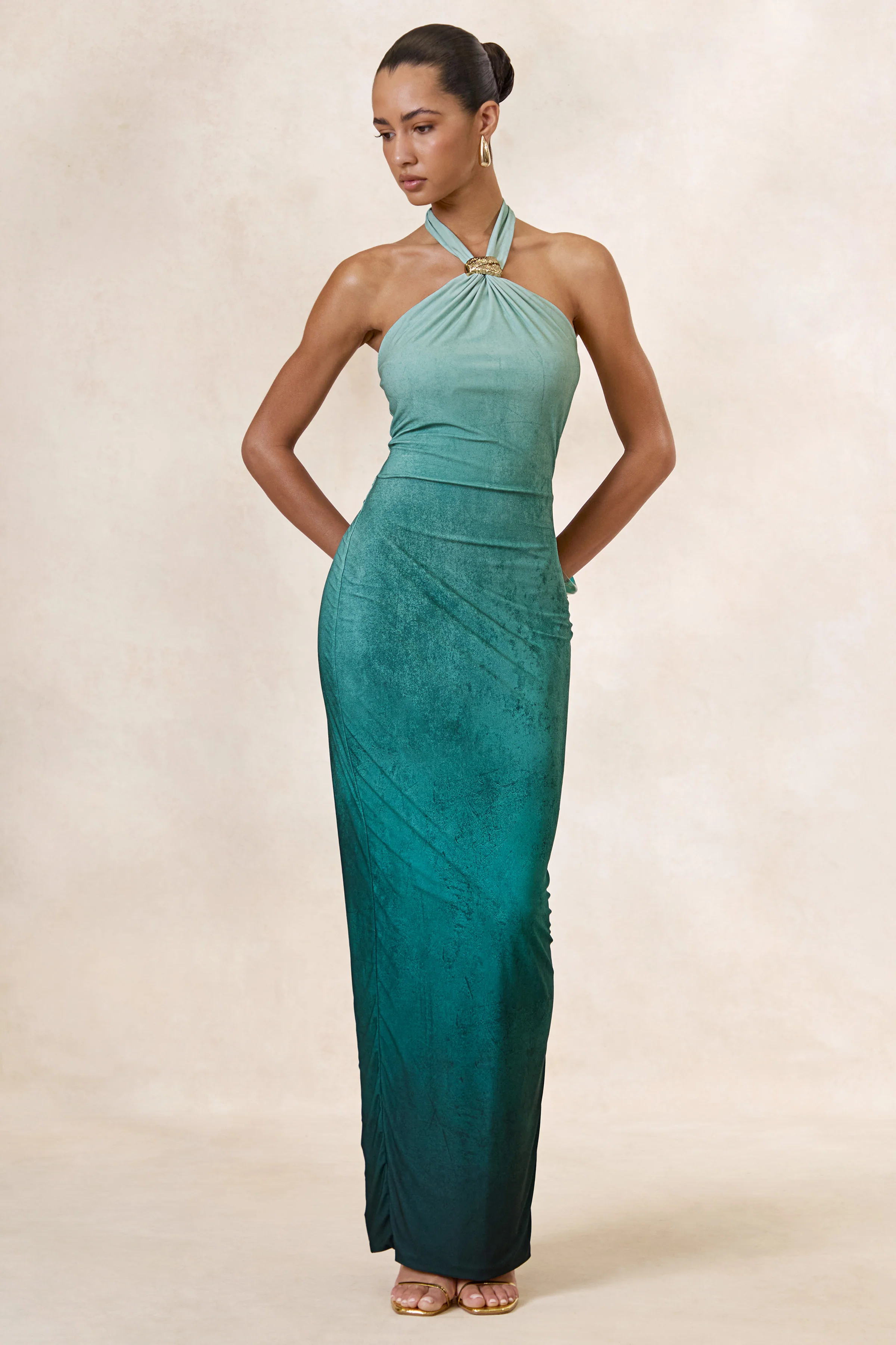 Thera | Turquoise Ombre Halter-Neck Maxi Dress With Gold Detail - luluinthesky