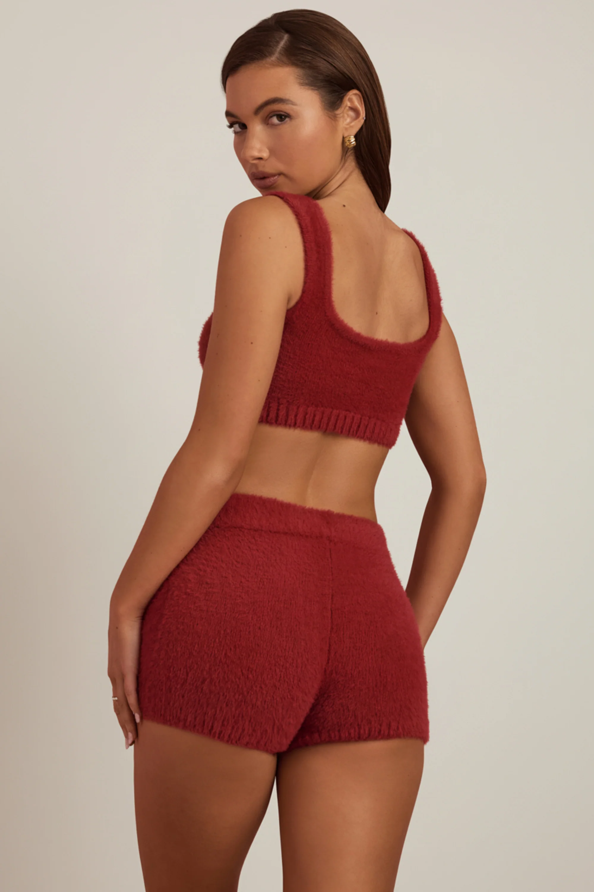 Fluffy Knit Mid-Rise Mini Shorts in Ruby Red
