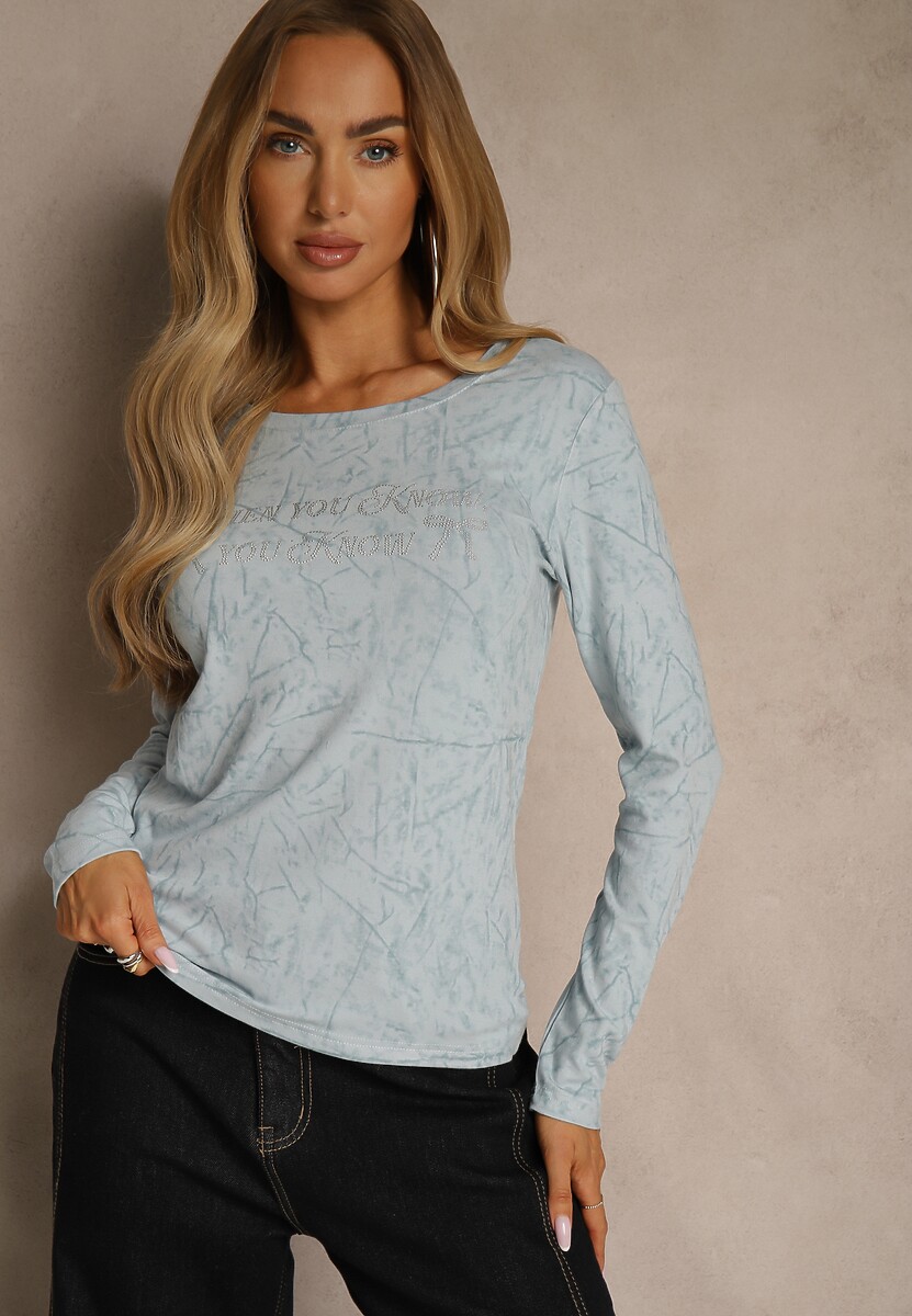 Niebieska Bluzka Longsleeve Ozdobiona Geometrycznym Motywem Uninessa