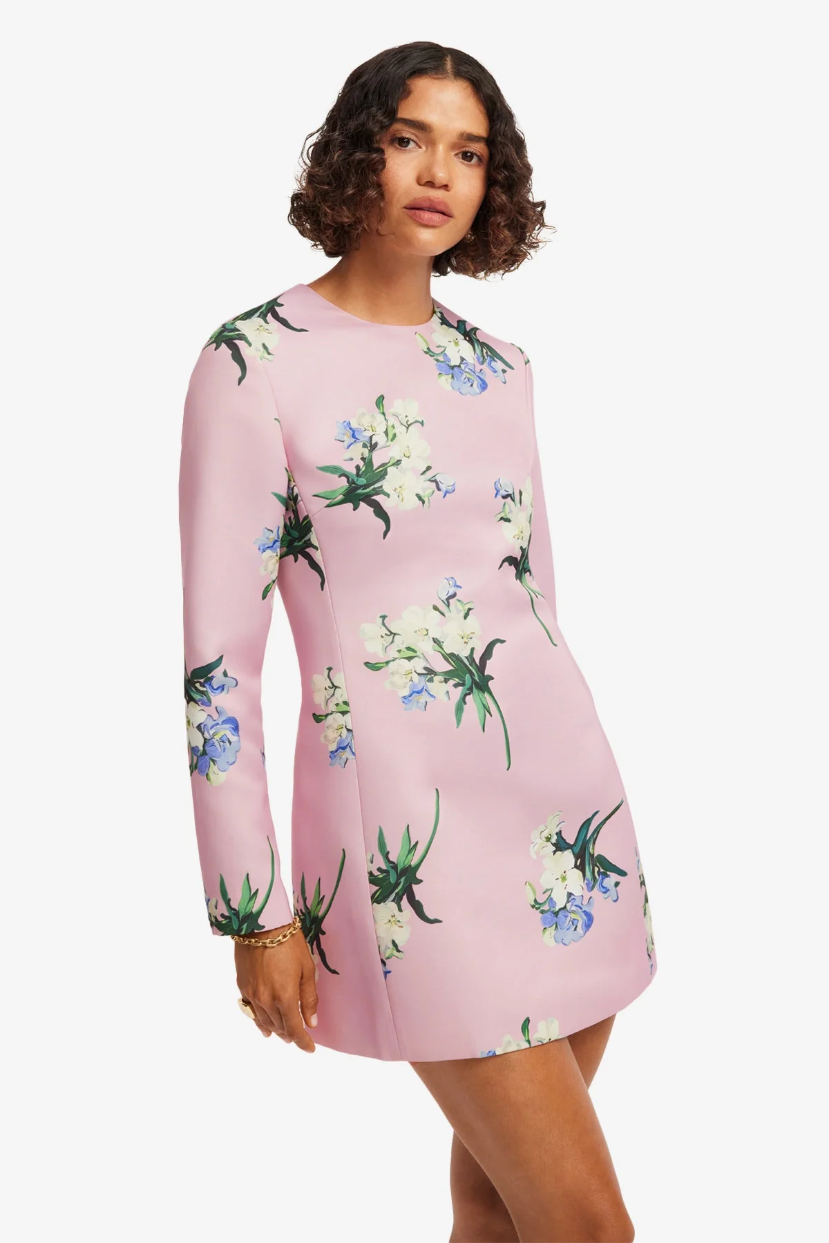 Aliza Long Sleeve Mini Dress - Bouquet Print in Pastel Pink