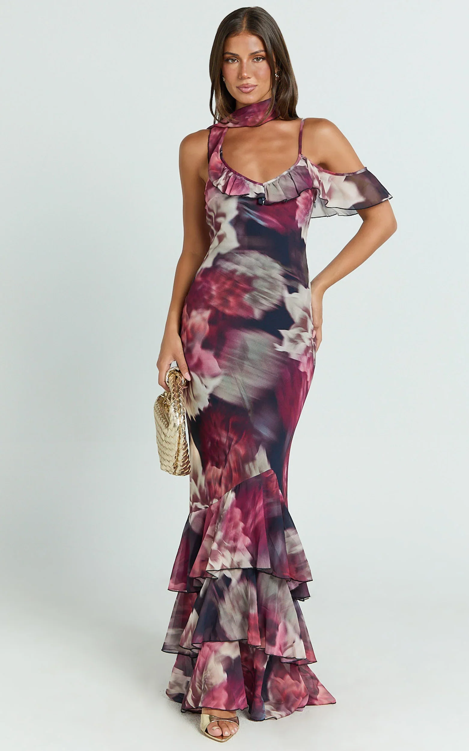 Riley Maxi Dress - Asymmetric Ruffle Detail Maxi Dress in Mariache Rose