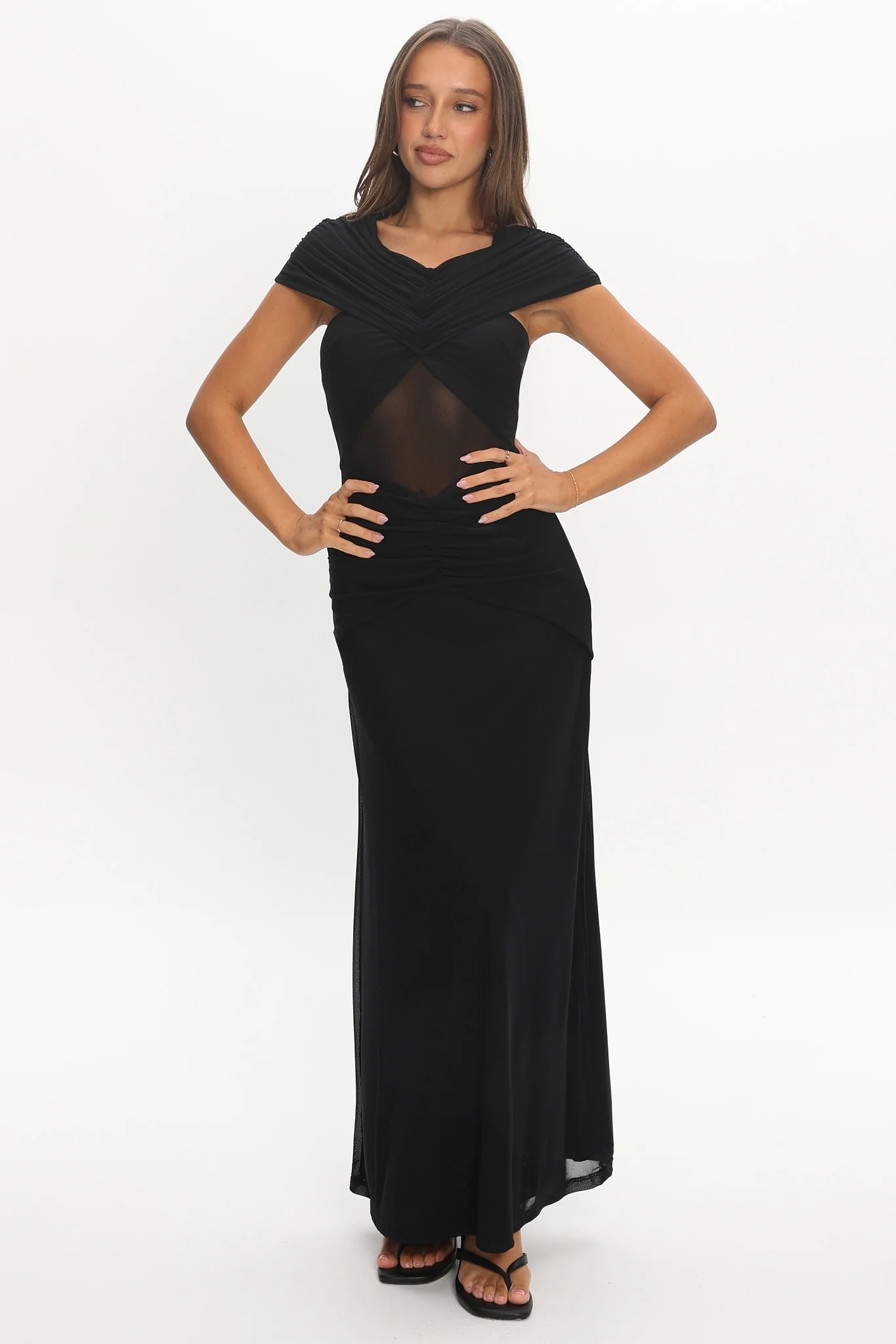 Reba Sheer Waist Ruched Maxi Waist Black