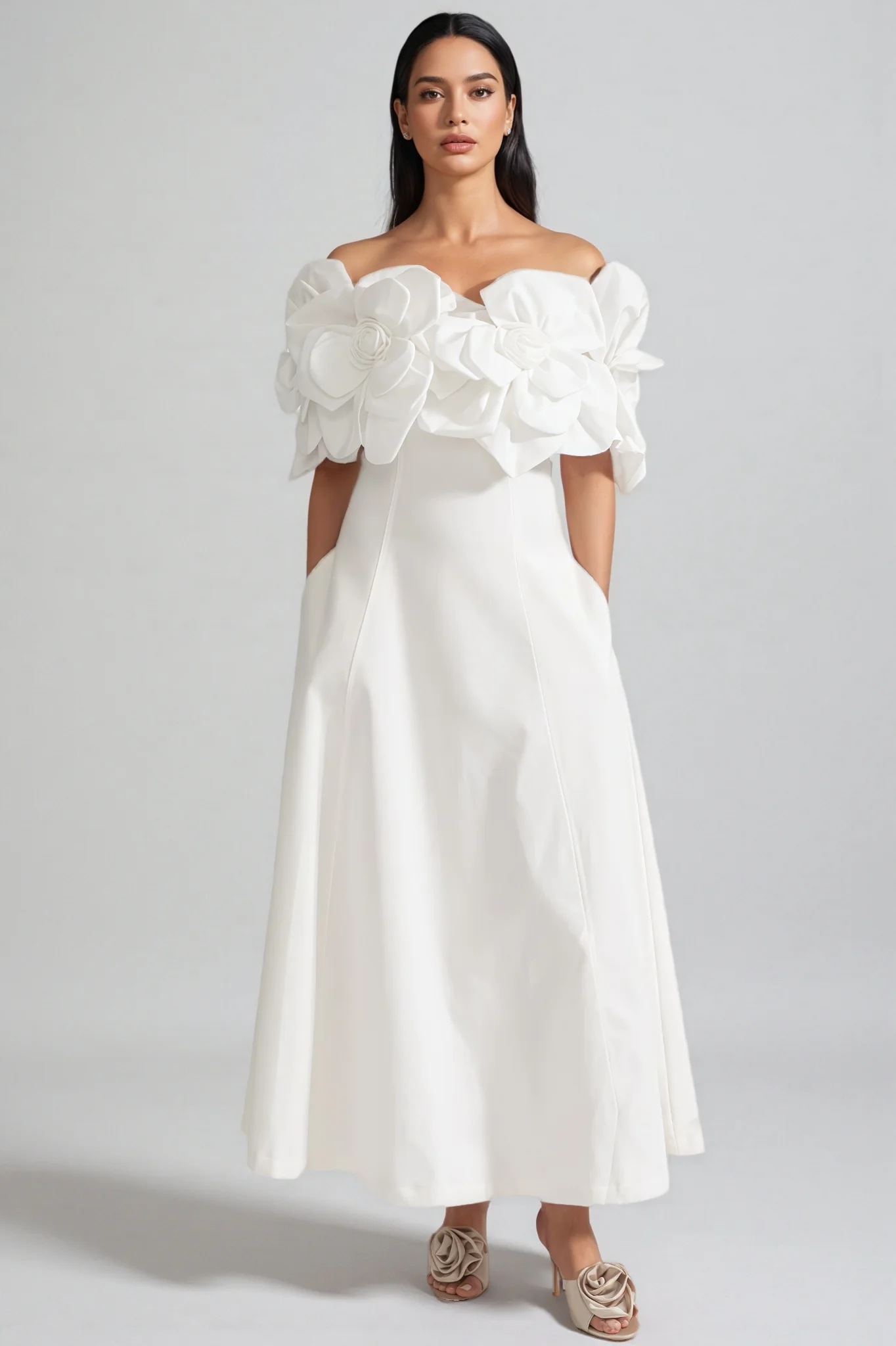 Dasaka White Strapless 3D Floral Maxi Dress