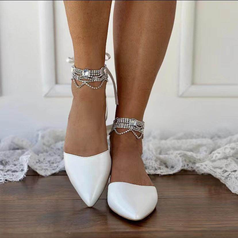 White Rhinestone Ankle Strap  Pointy Flat Shoes 738090030997