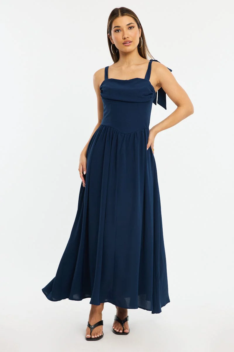 Blue Maxi Dress Tie Shoulder