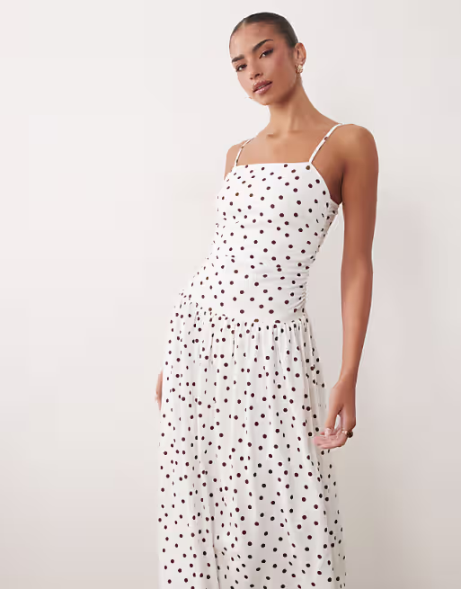 cami with full skirt midi dress polka dot print