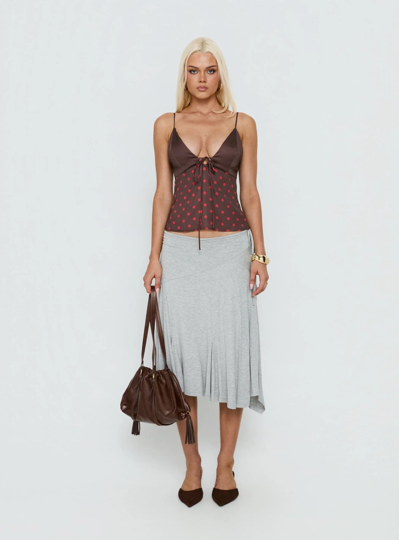Warm Light Tie Detail Satin Cami Top Chocolate Polka Dot