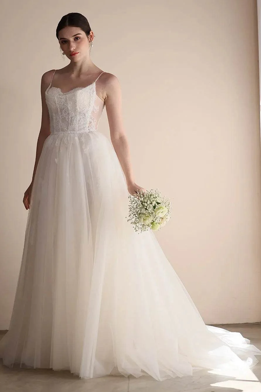 A-Line Sweep-Brush Train Lace Tulle Wedding Dress CW3553