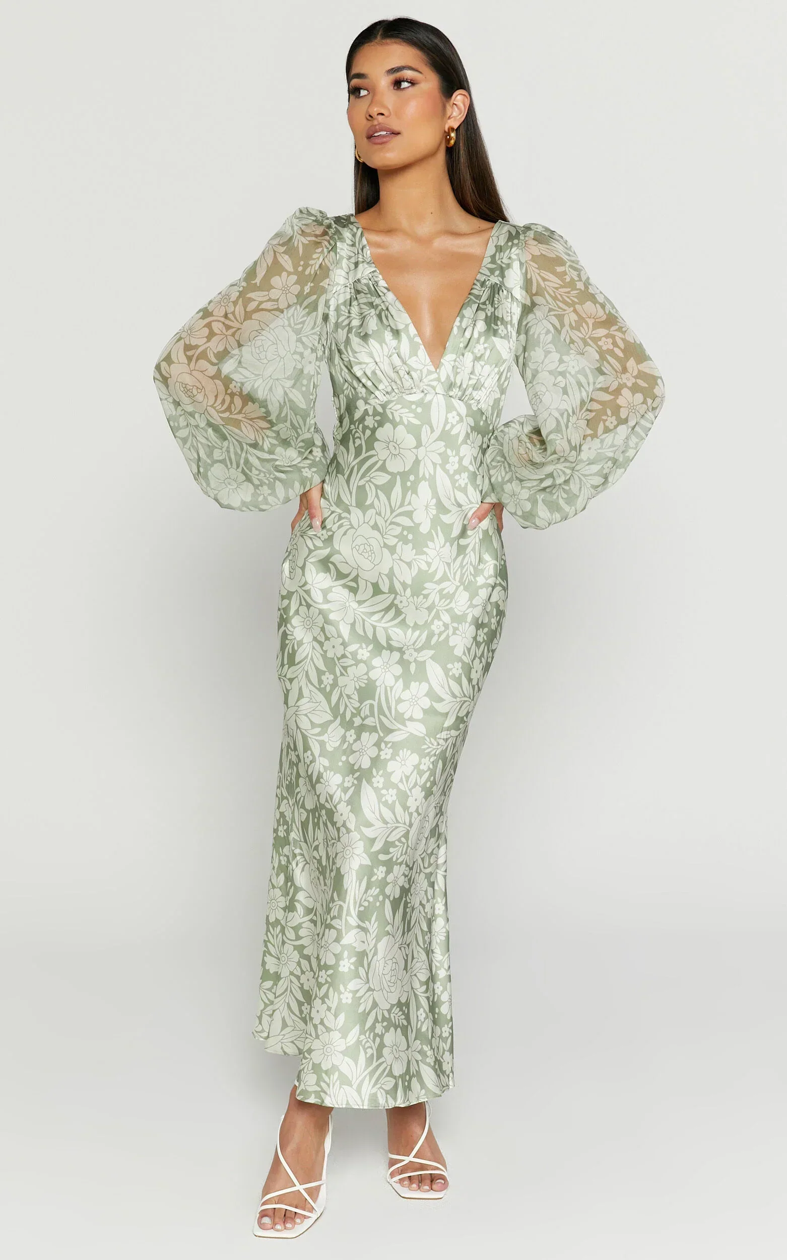 Freollyn Midi Dress - Deep V Neck Long Sleeve Dress In Sage