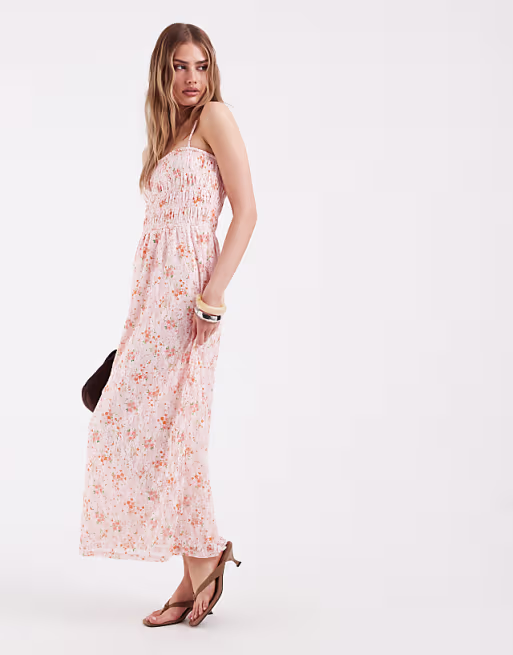 Pieces smocked lace cami maxi dress in pink ditsy floral print