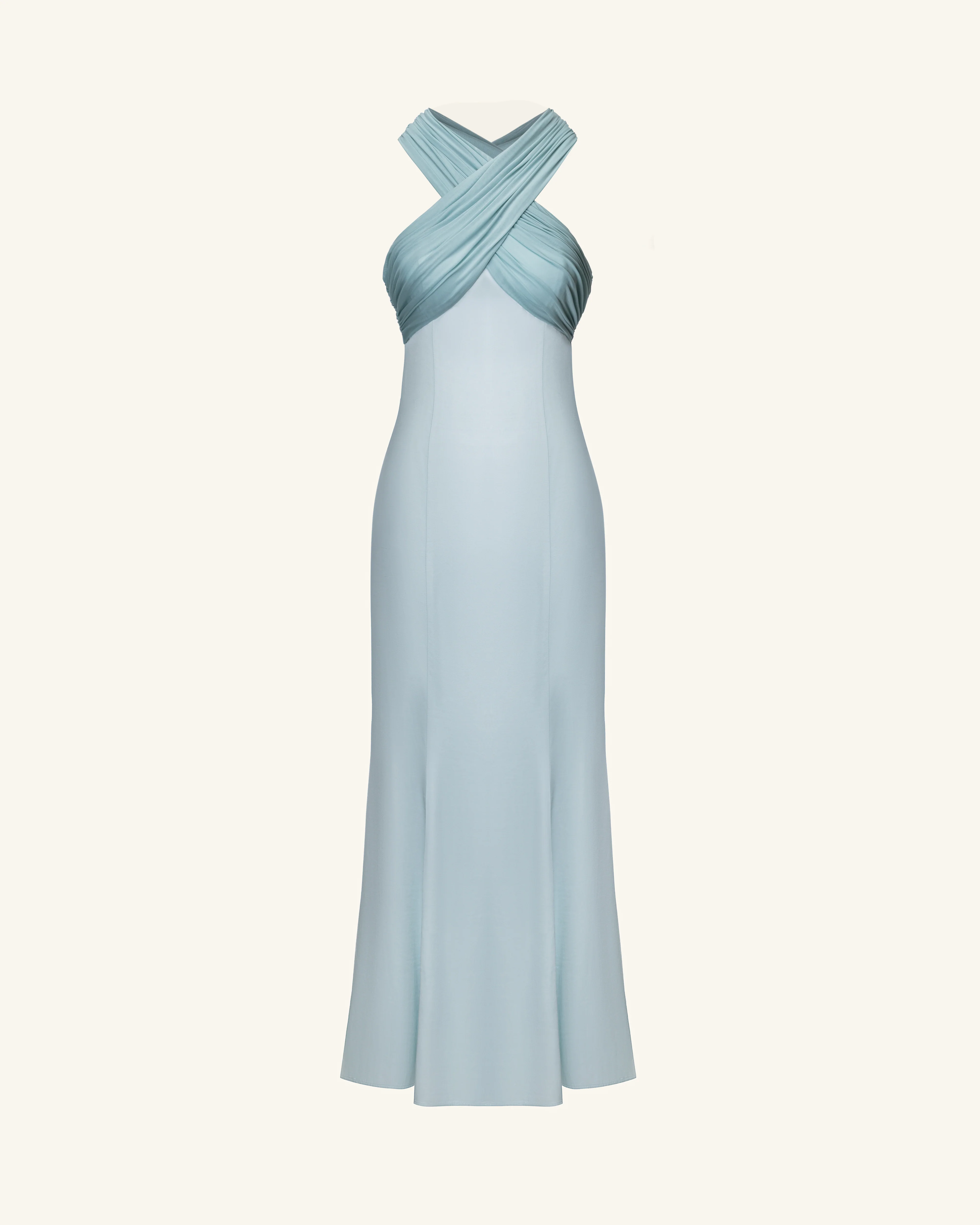 Pleated Cross-Halter Satin Maxi Dress - Dusty Blue - FASHION NOB