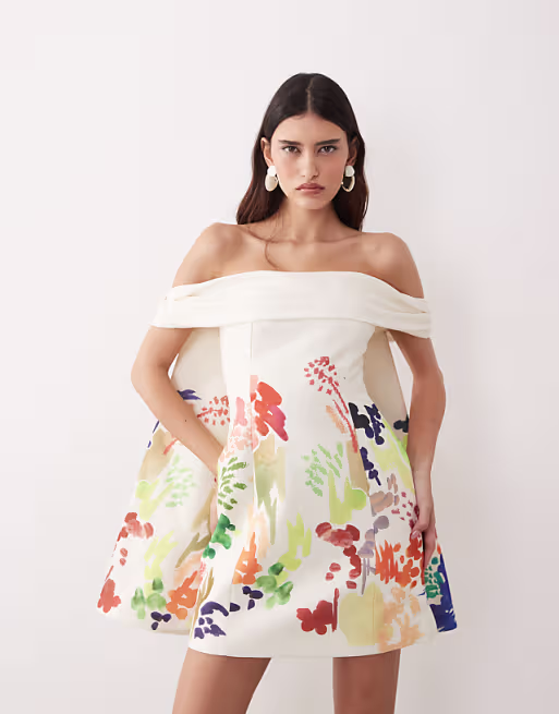 ARRANGE bardot mini dress with cape detail in abstract painterly print