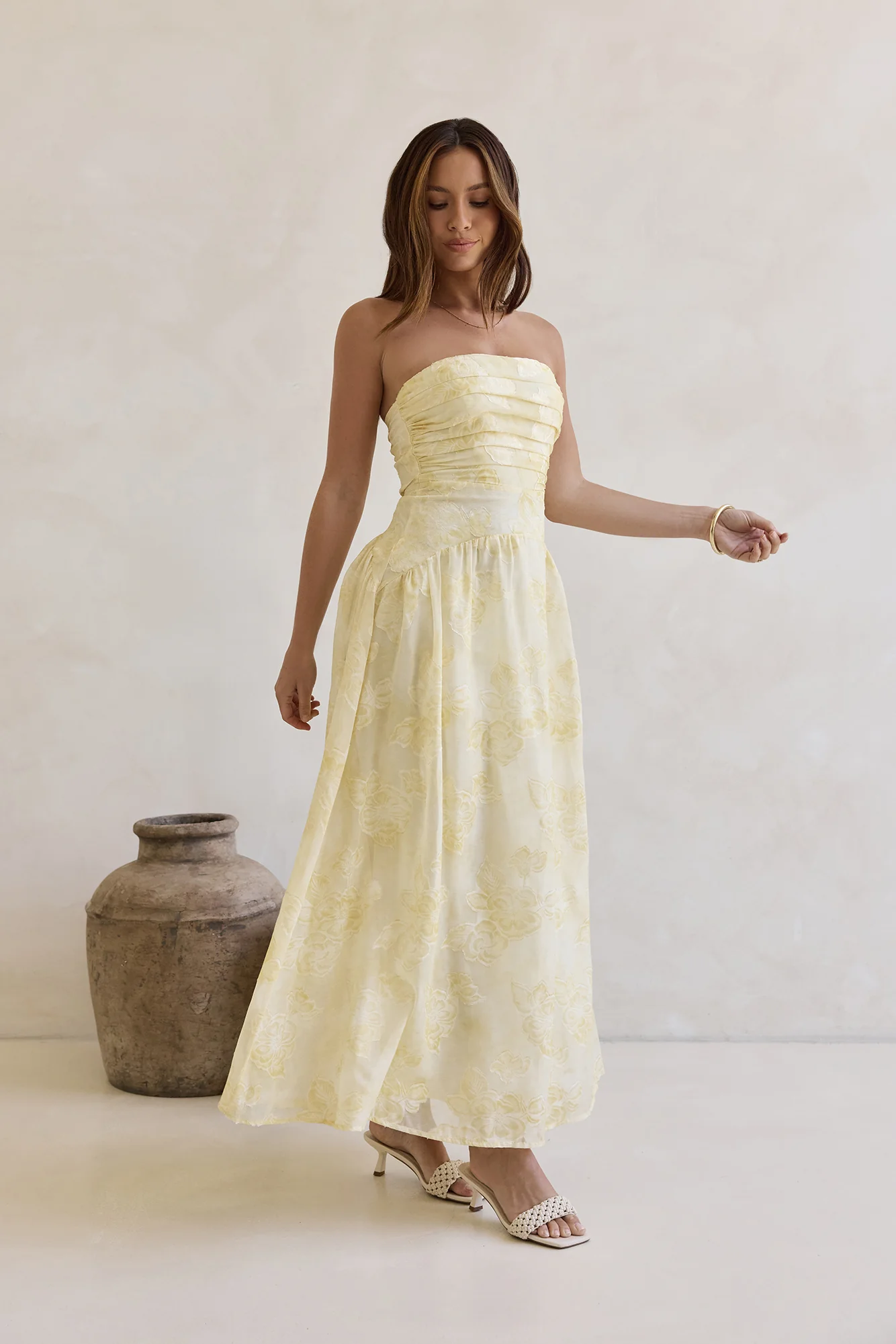 Cloud Kissed Paths Strapless Maxi Dress Yellow - luluinthesky