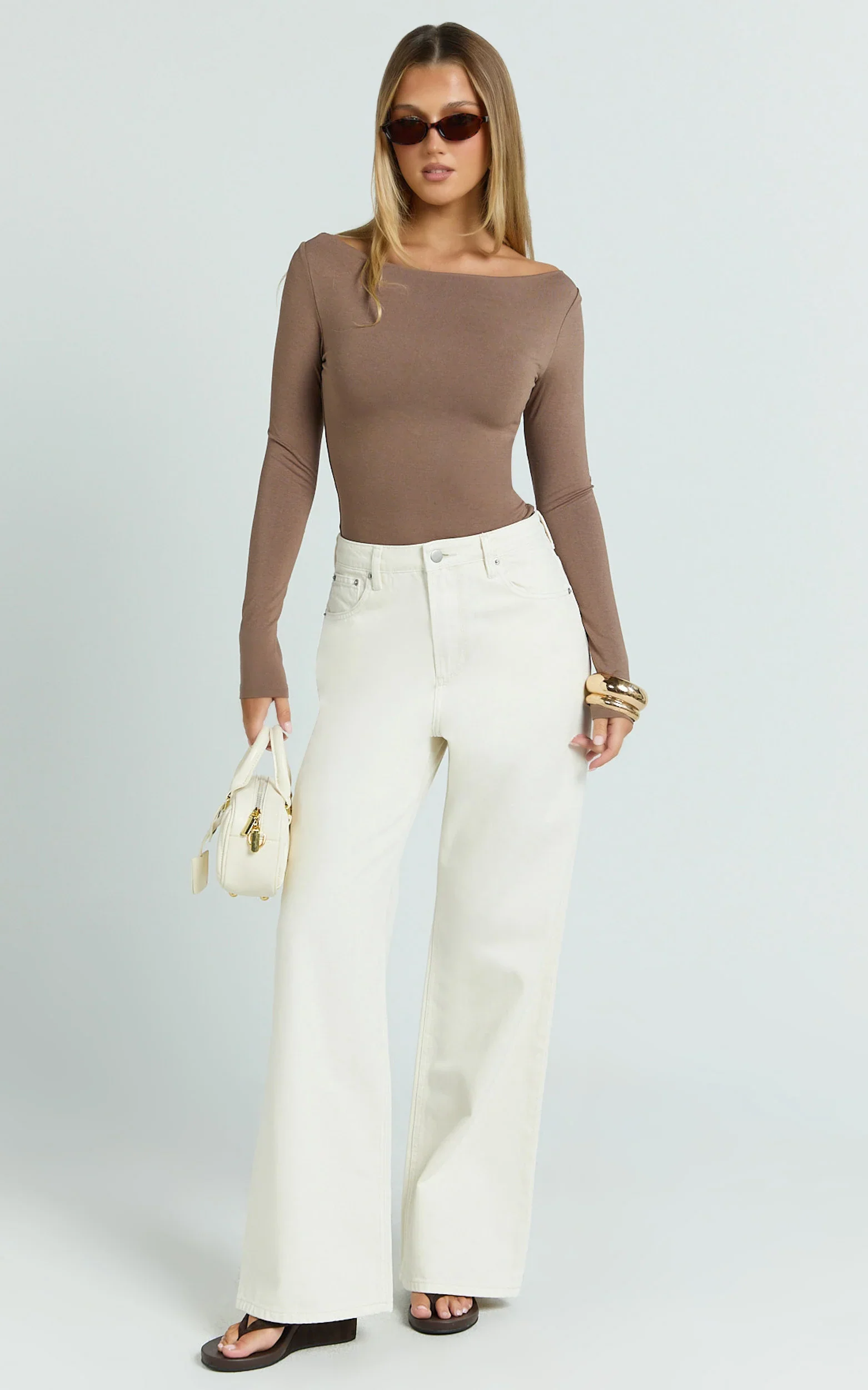 Tisdale Top - Boat Neck Long Sleeve Top in Mushroom