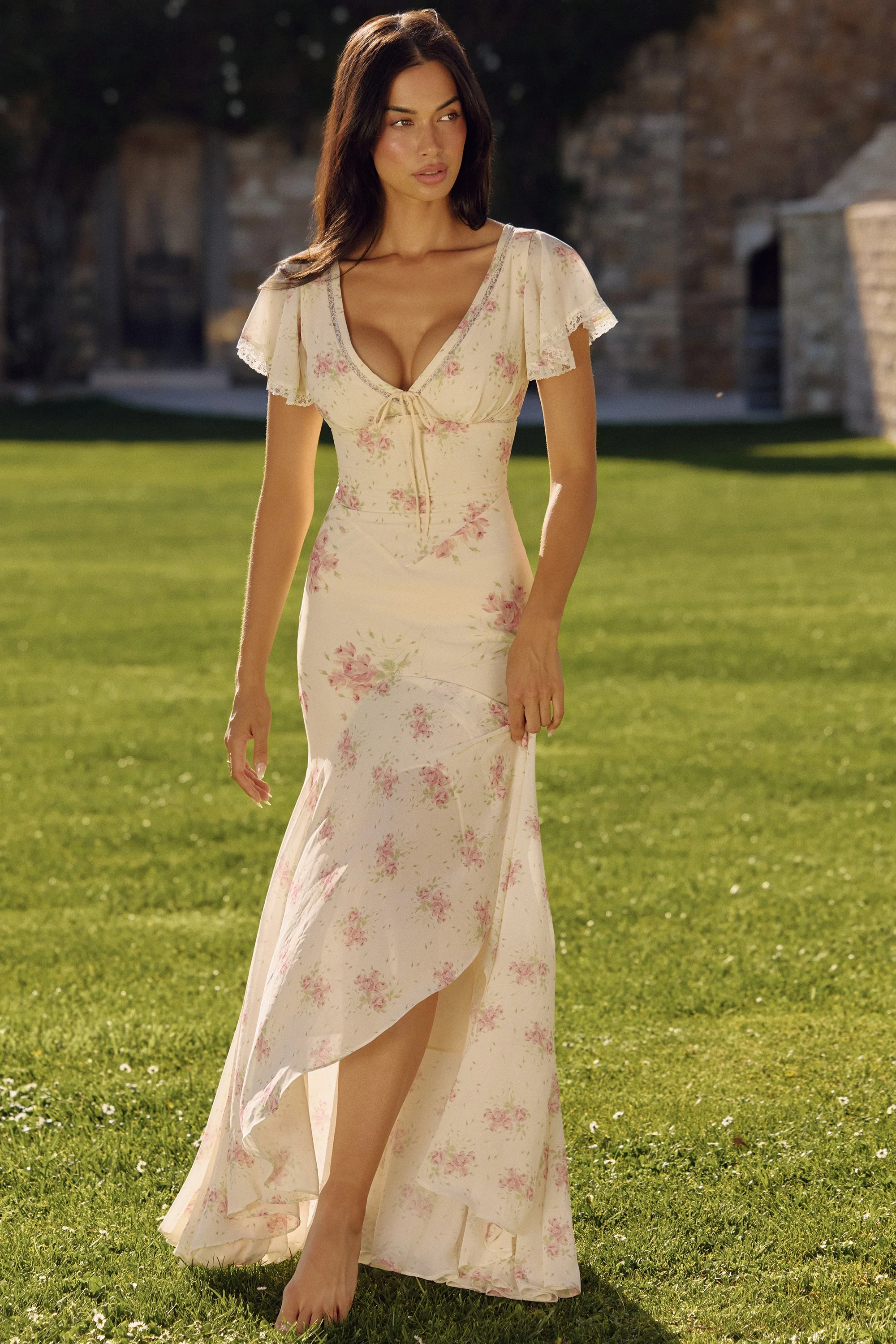 Ivory Vintage Rose Print Georgette Maxi Tea Dress