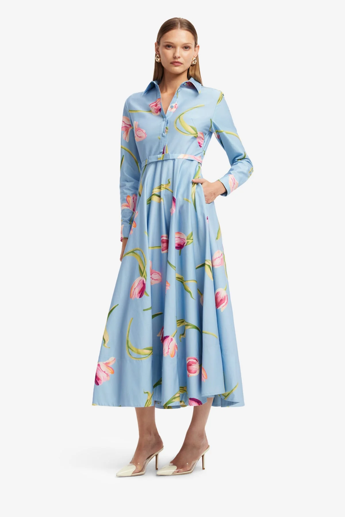 Zara Shirt Midi Dress - Tulip Print in Blue
