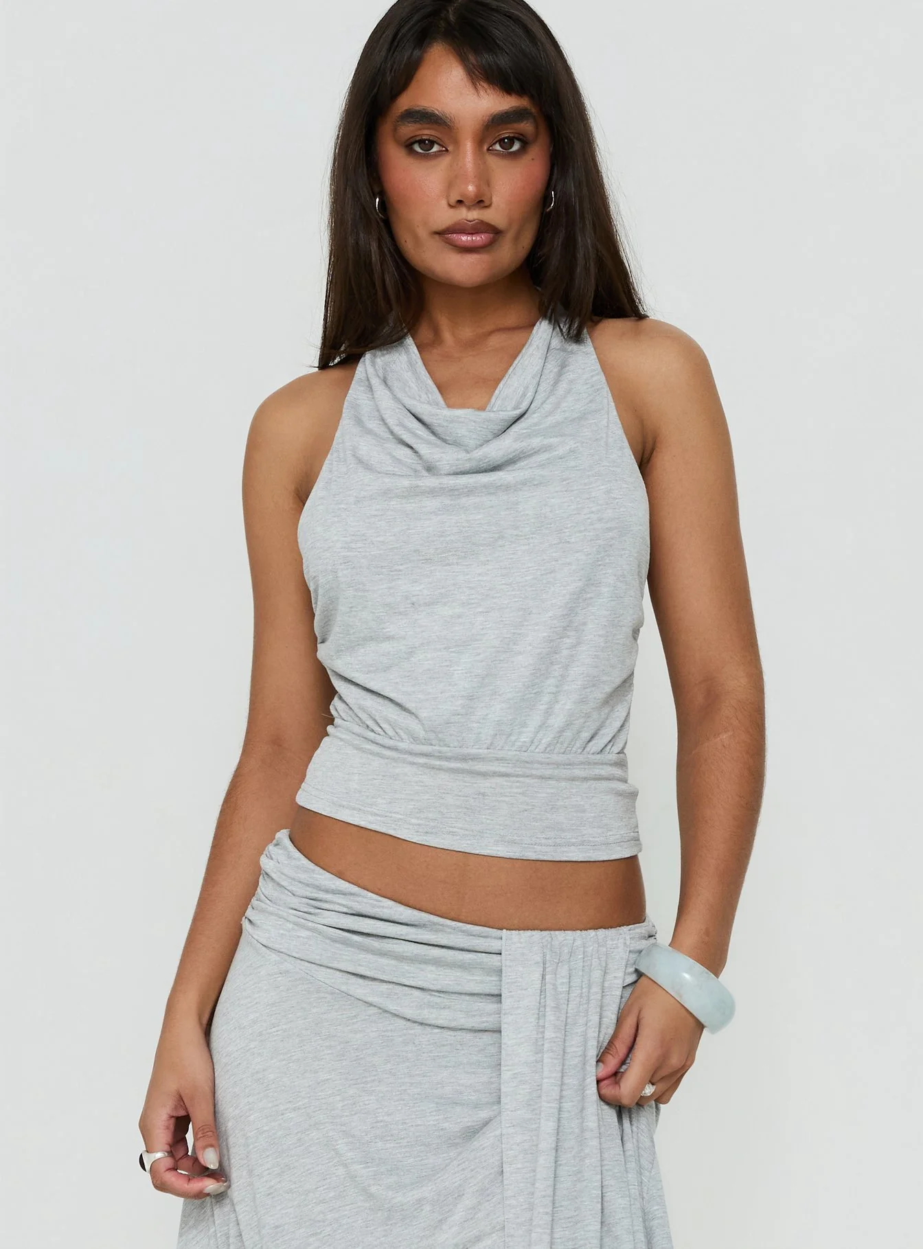 Adreana Halter Jersey Top Grey Marle