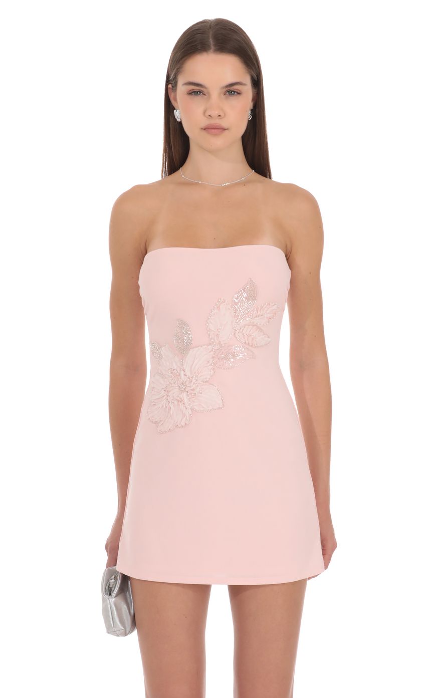 Beaded Floral Mini Dress in Pink