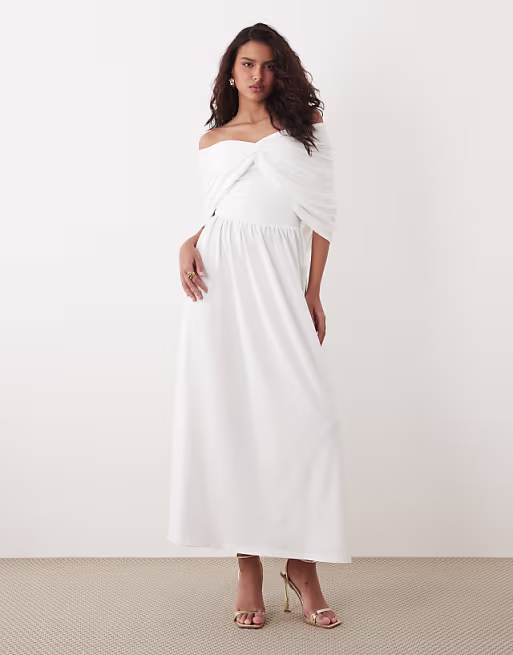 SNDYS bandeau draped shoulder detail dropped waist maxi dress in white