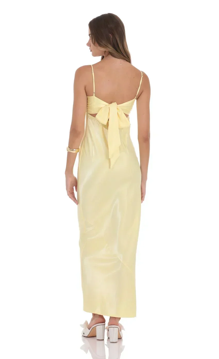 Satin Back Tie Maxi Dress in Yellow