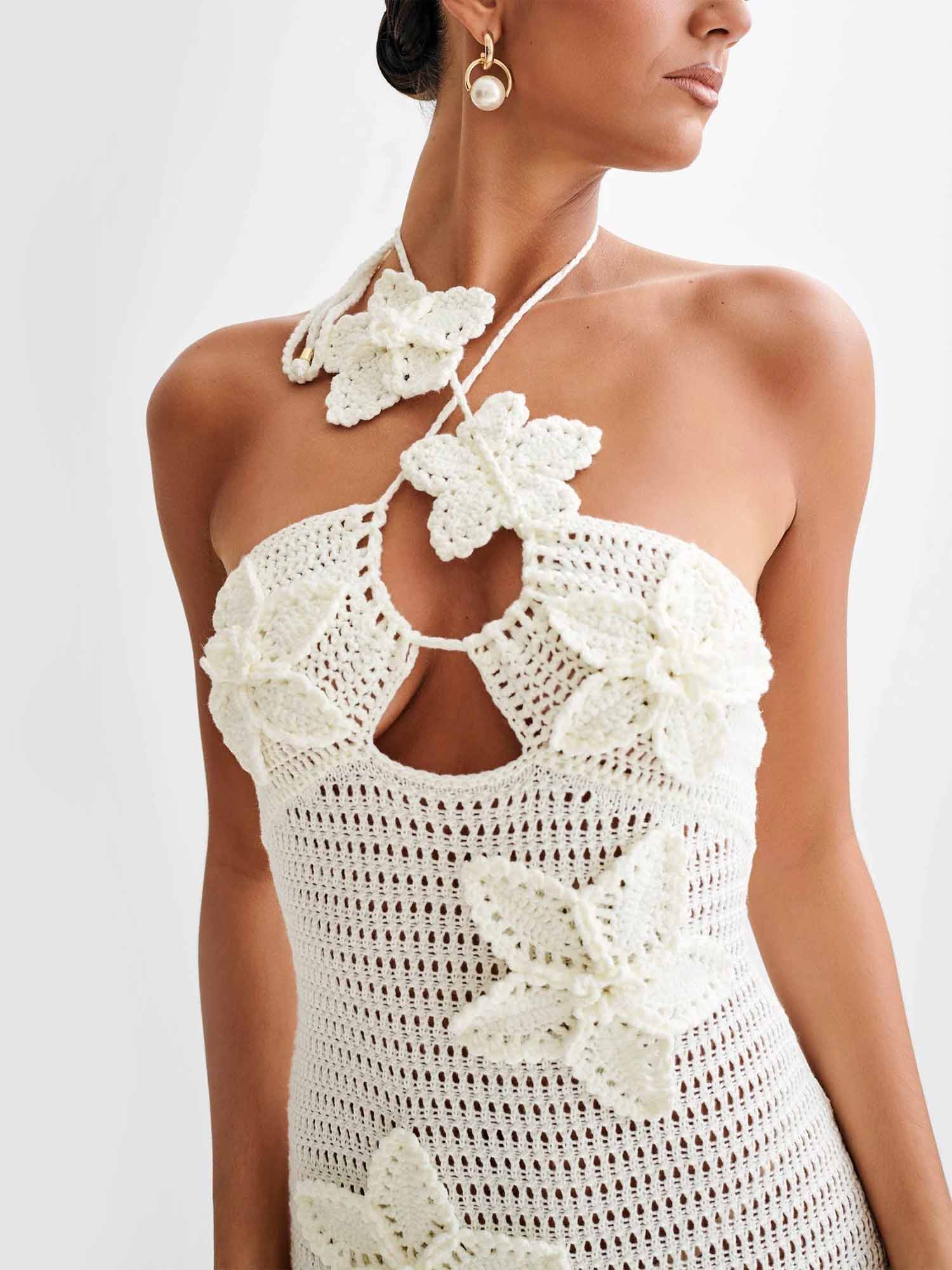 White Crochet Halter Maxi Dress
