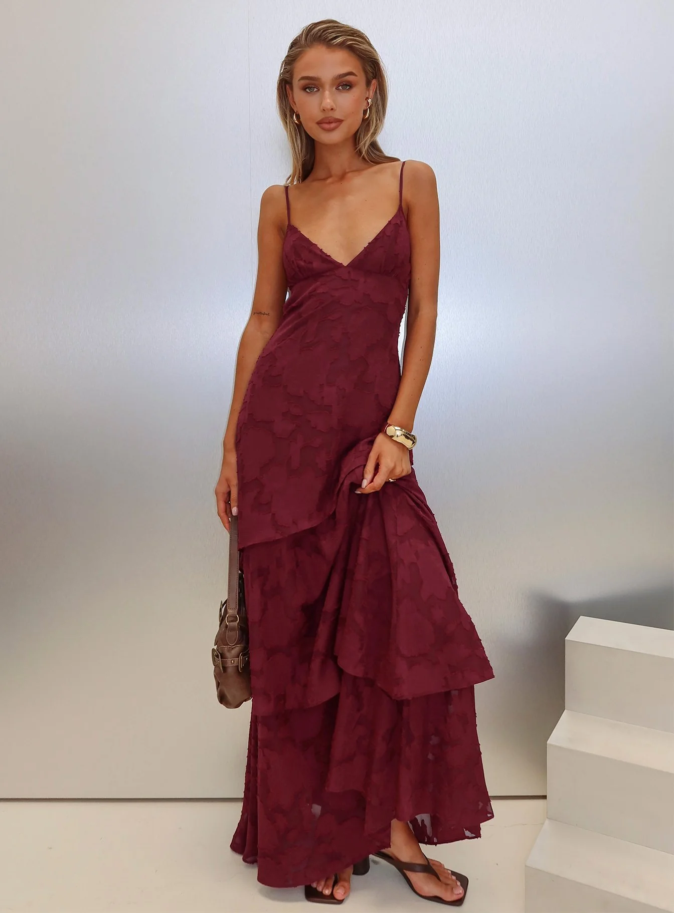 Lyricah Tiered Tie Back Maxi Dress Burgundy - luluinthesky