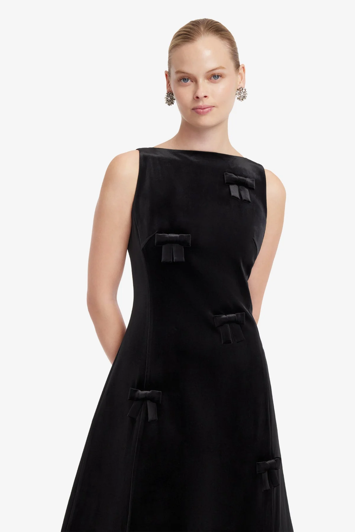Cleo Velvet Bow Sleeveless Midi Dress - Ebony