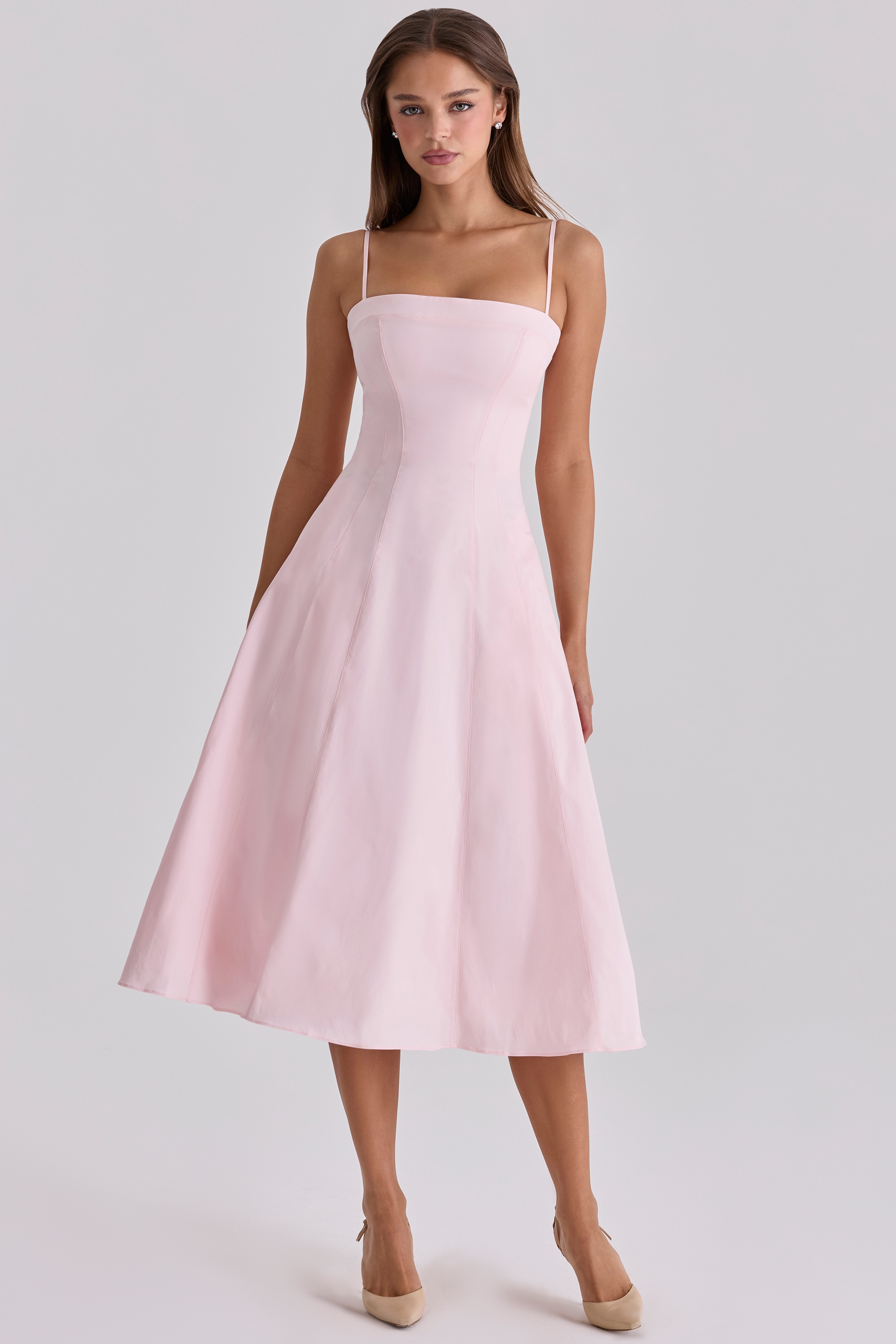 pink sateen cotton flared midi sundress