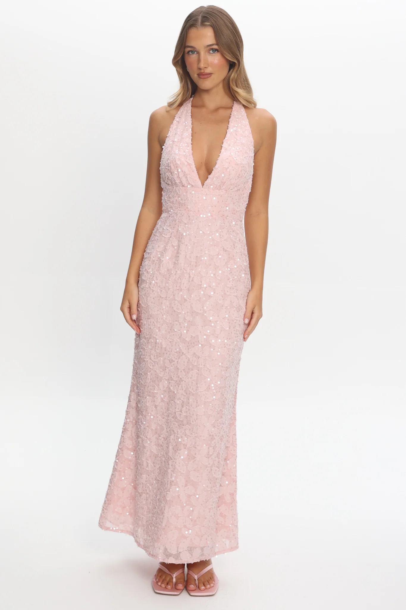 Ruelle Backless Halter Maxi Dress Sequin Blush - luluinthesky