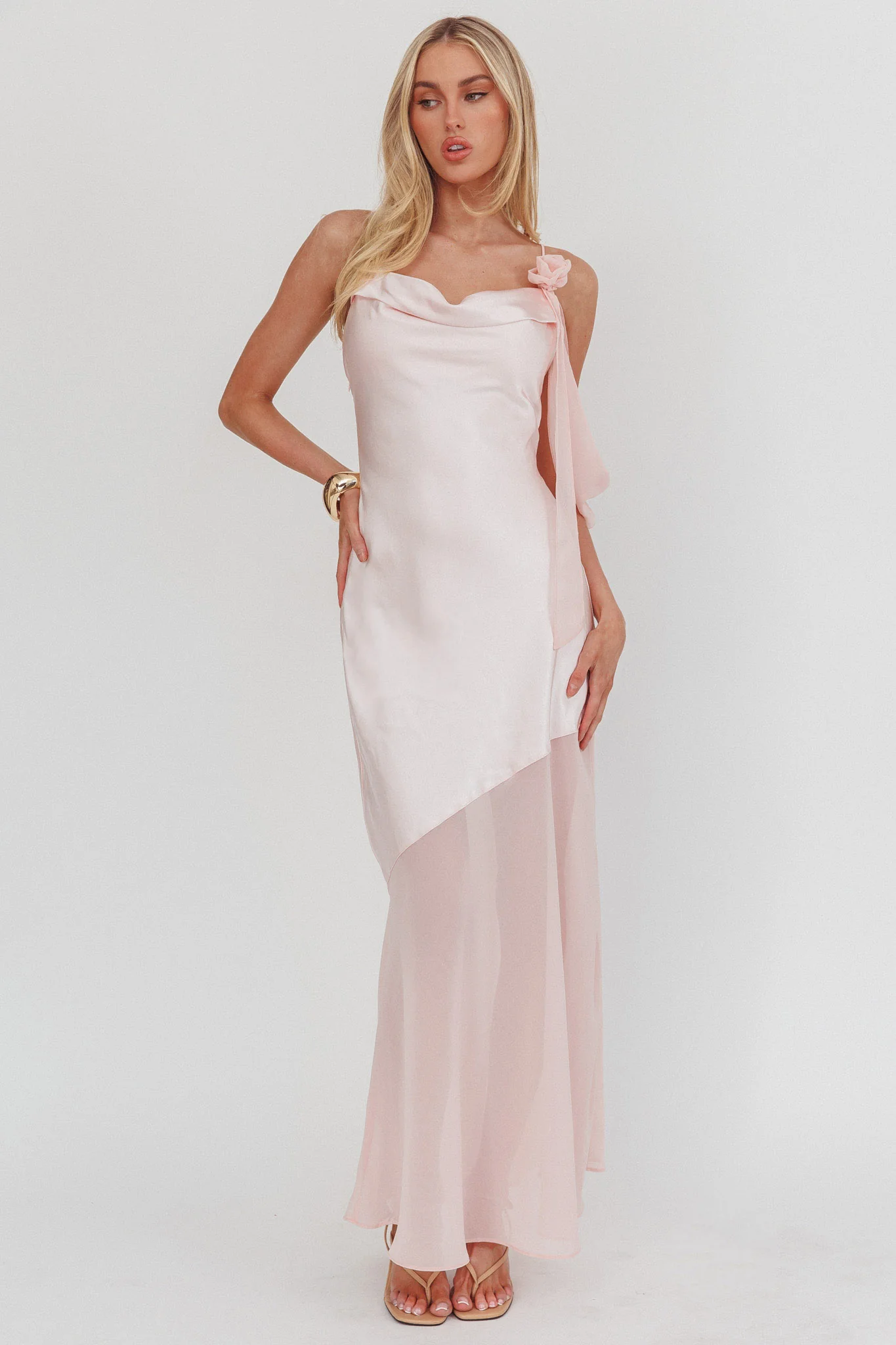 Gilded Dream Shoulder Detail Chiffon Hem Maxi Dress Blush