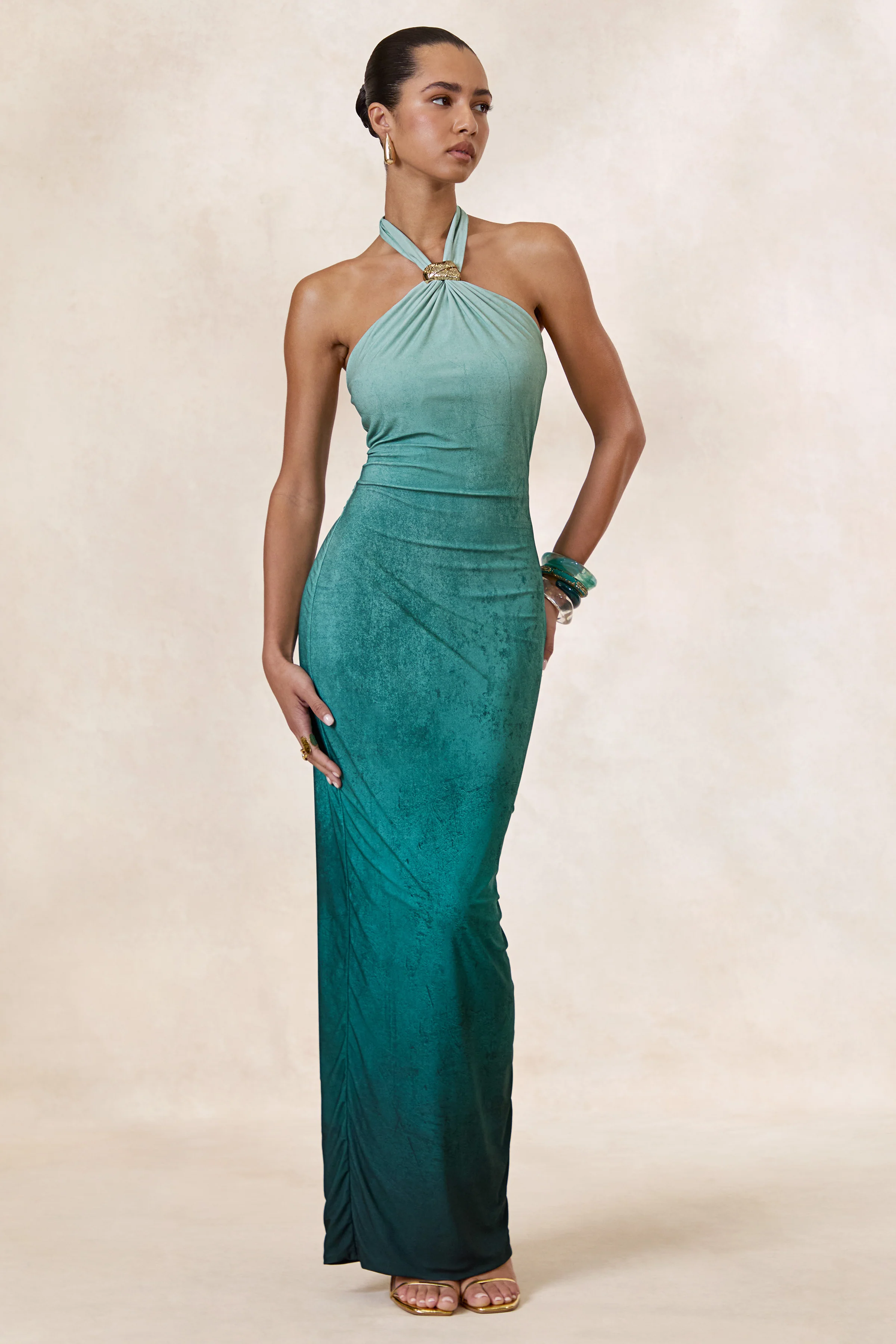 Thera | Turquoise Ombre Halter-Neck Maxi Dress With Gold Detail - luluinthesky