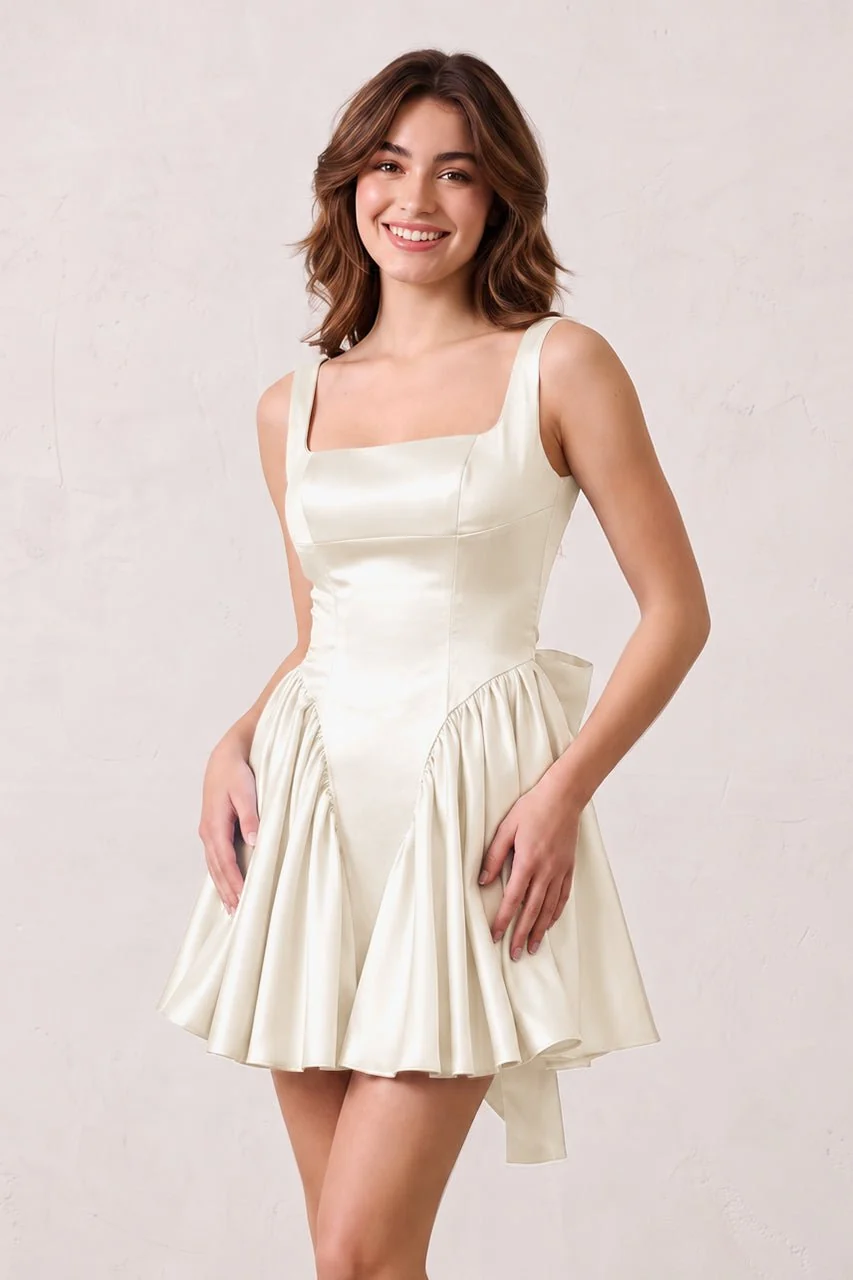 Sky Blue A Line Satin Square Neck Homecoming Dress with Bowknot Ruffles