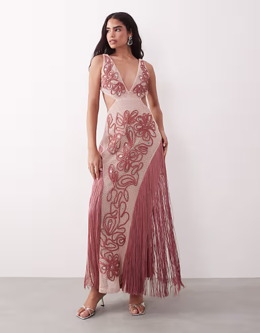 ASOS LUXE embellished beach maxi dress with pink fringe detail