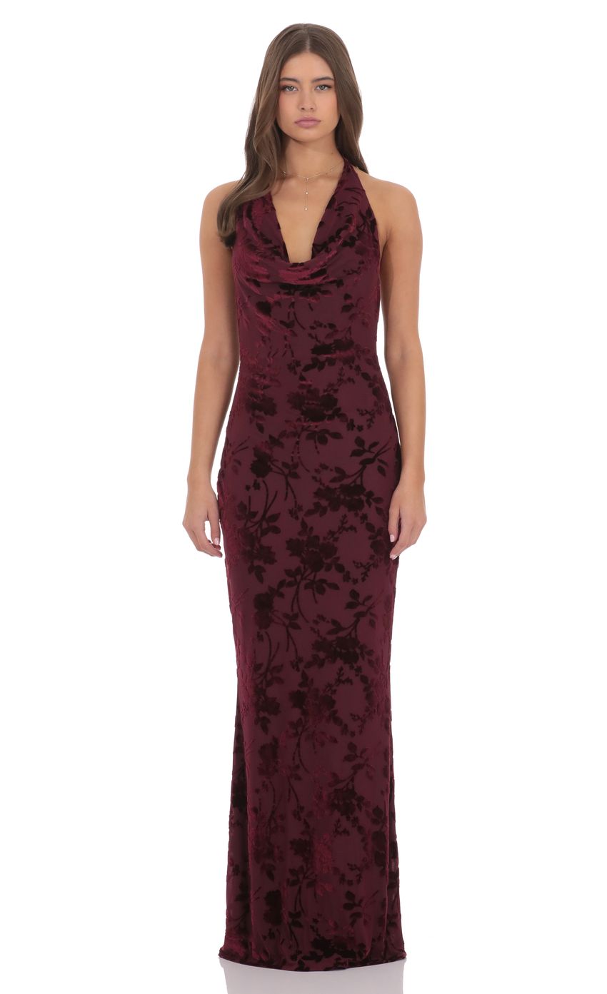 Velvet Floral Halter Cowl Neck Maxi Dress in Plum
