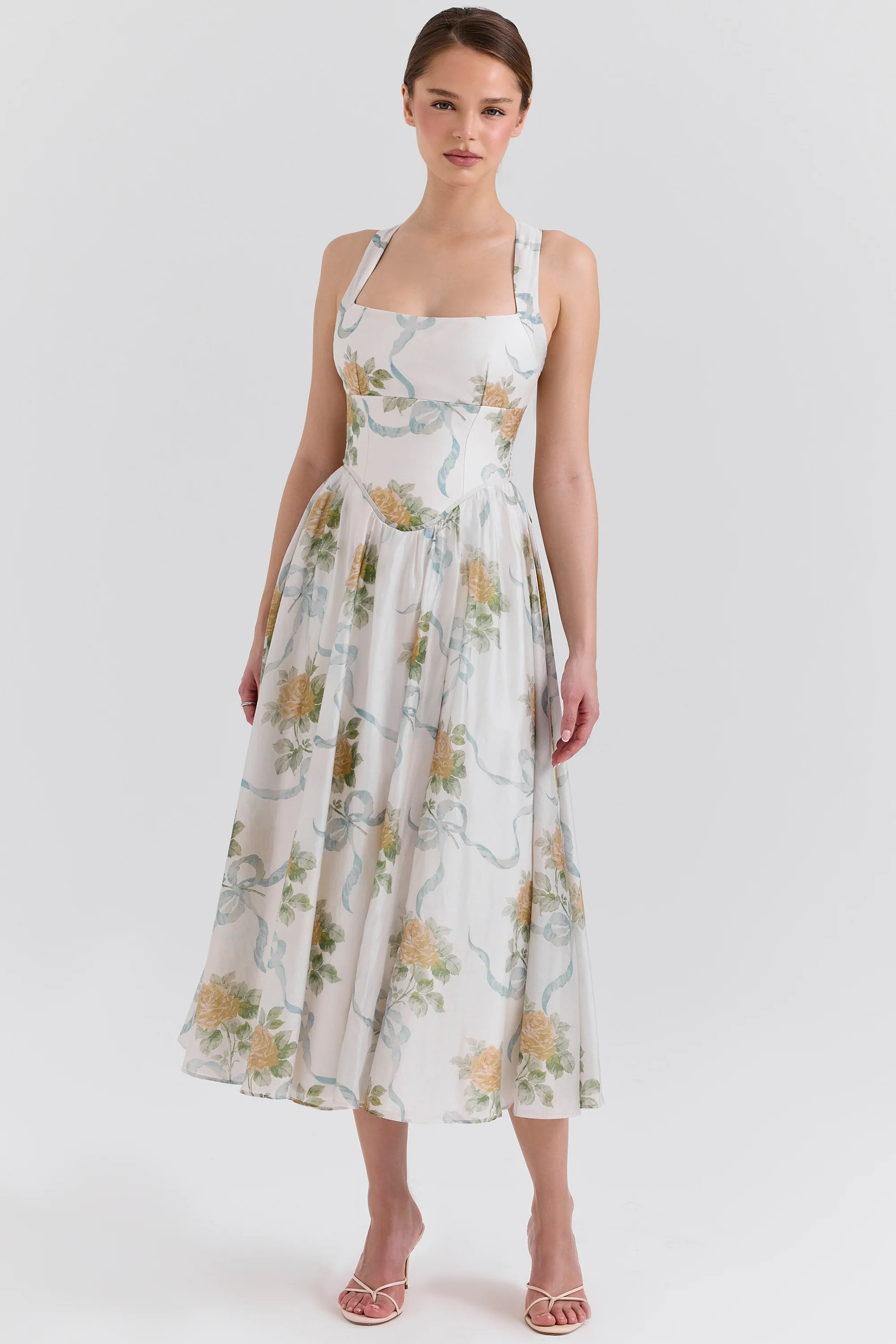 Soft Blue Vintage Ribbon Print Chiffon Midi Dress