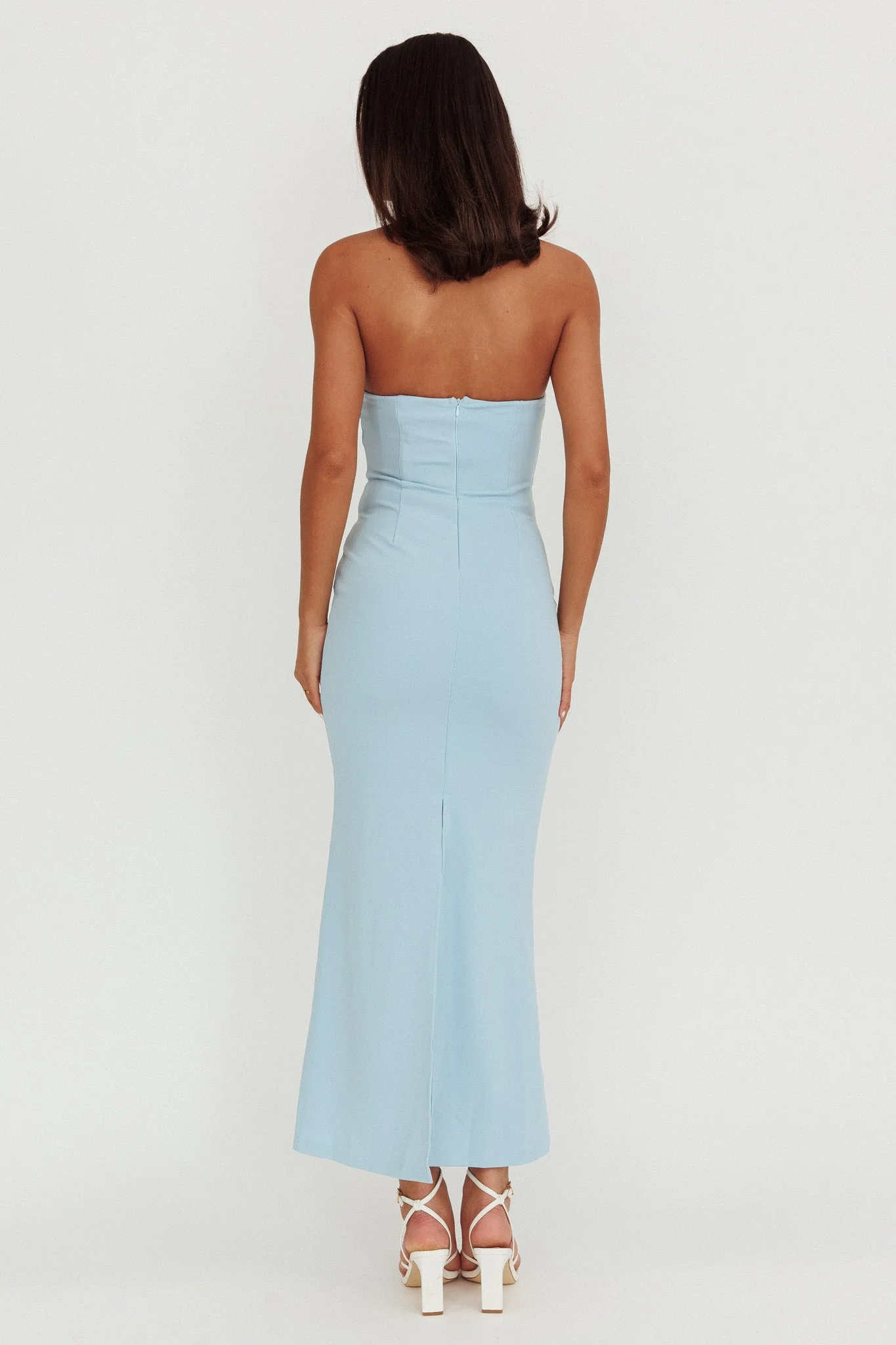 Well Versed Strapless Pleat Bust Maxi Dress Blue