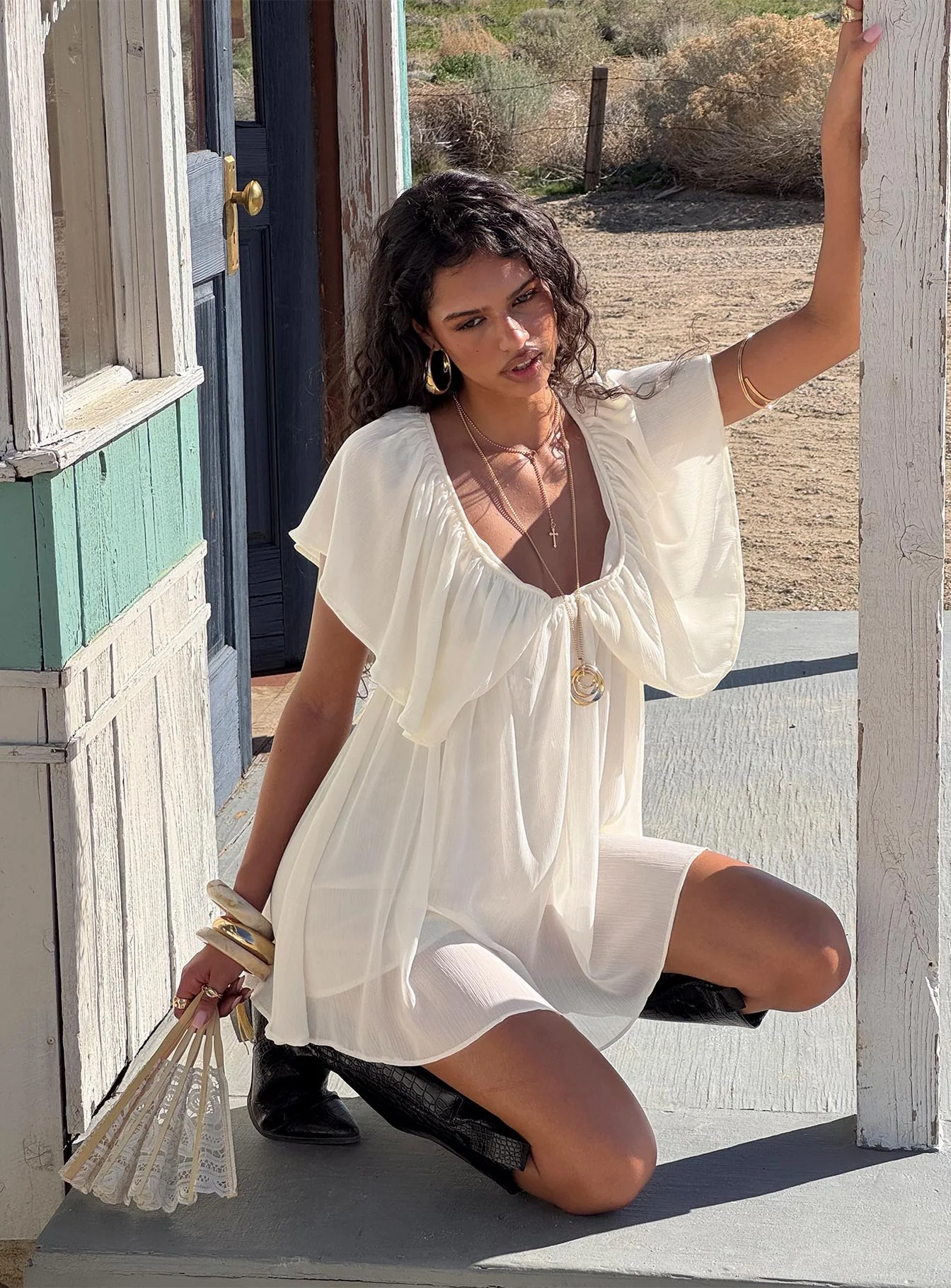 Sun Spirit Plunge Flowy Romper Cream