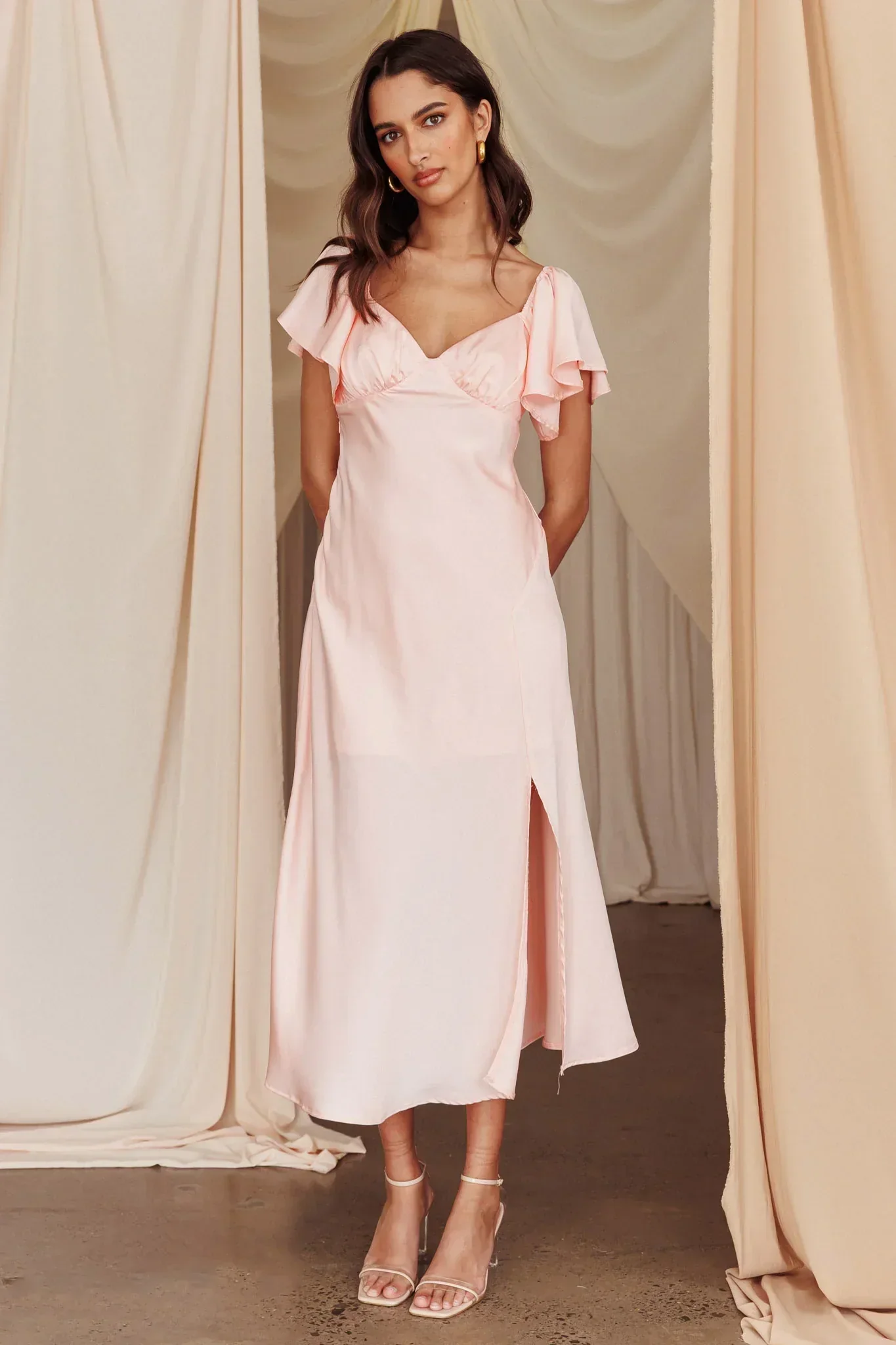 Park Avenue Flutter Sleeve Side Split Midi Dress Blush