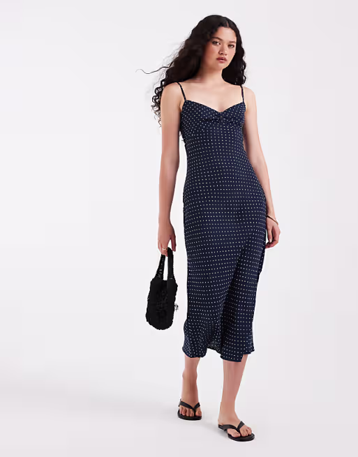 Hollister twist bust slip midi dress in navy polka dot print