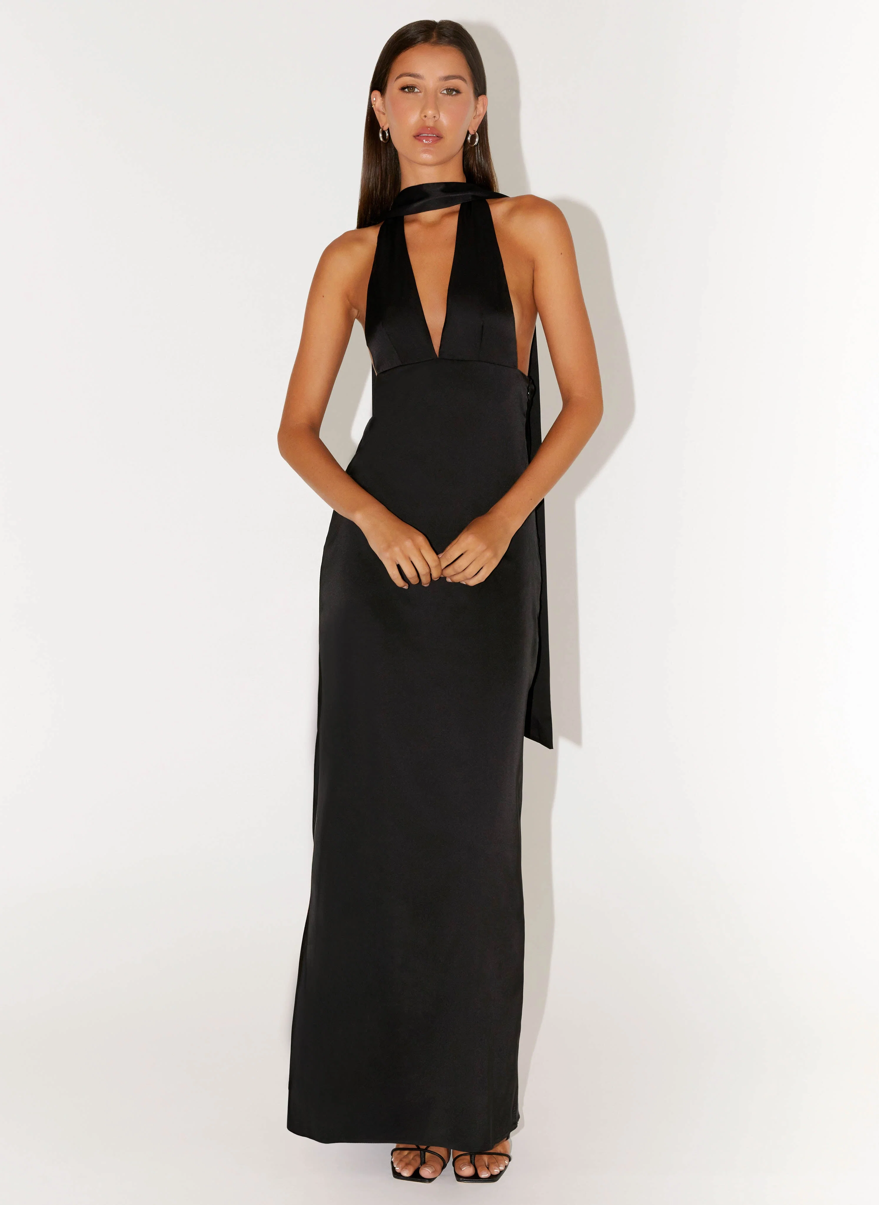 Alicia Satin Halter Maxi Dress - Black