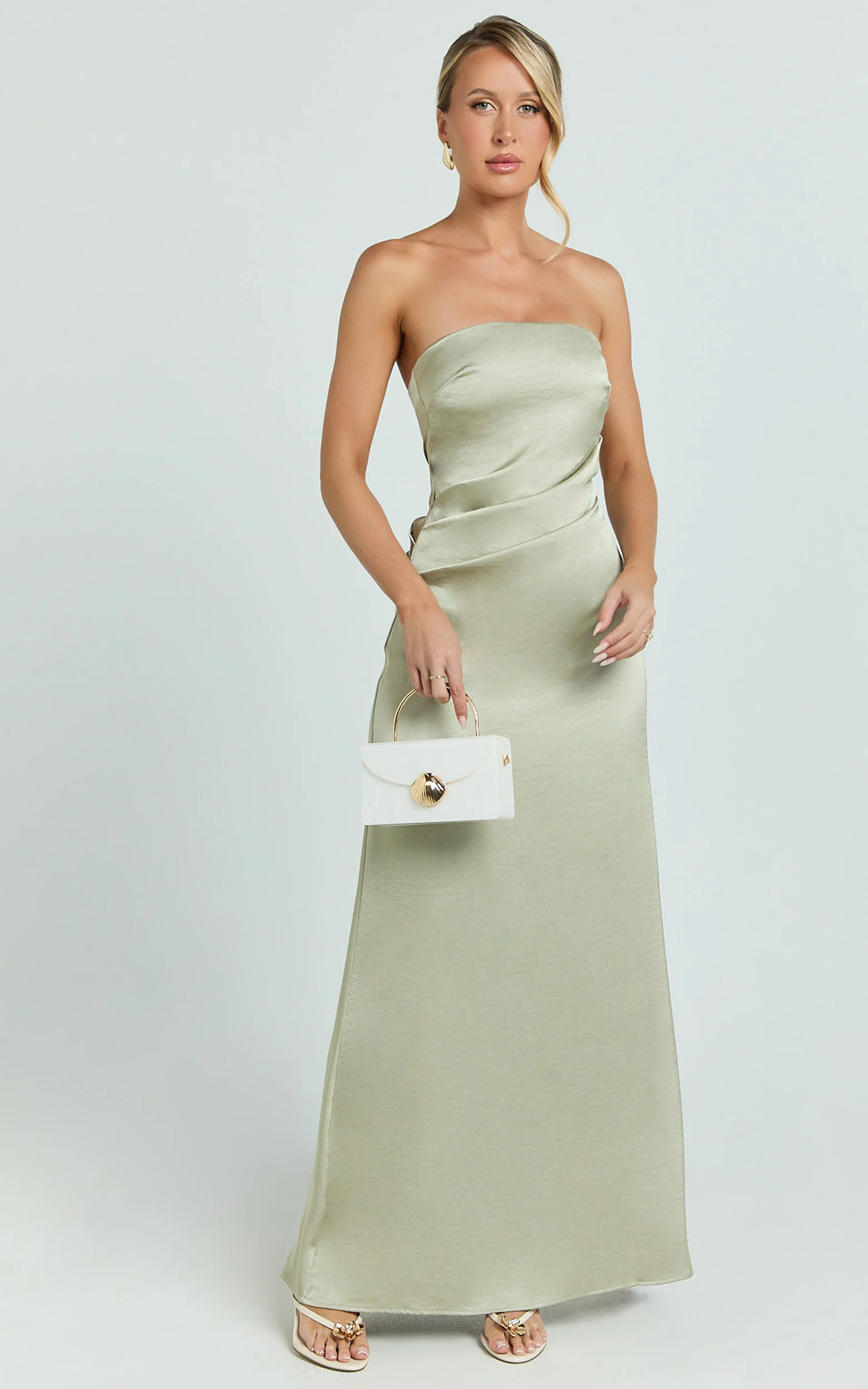 Laurie Maxi Dress - Strapless Draped Satin Dress in Light Olive