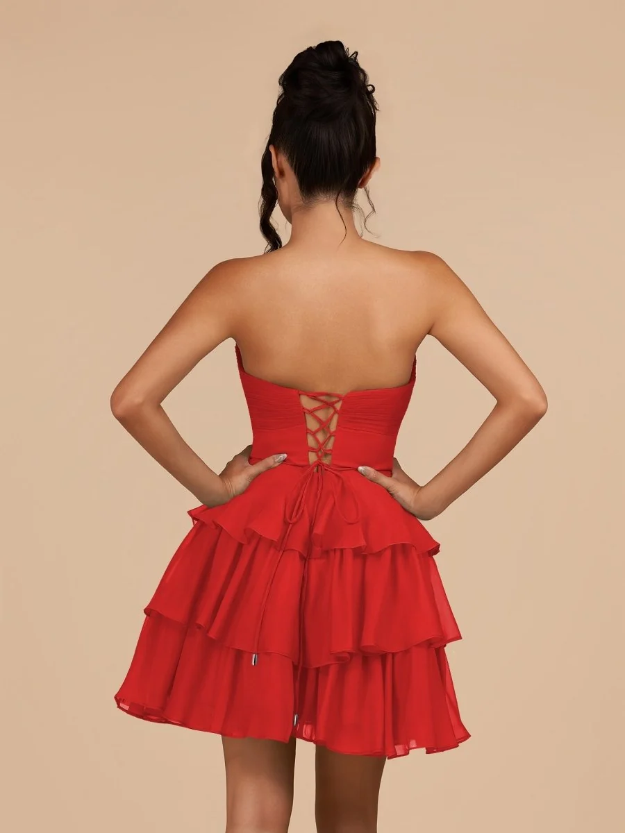 Fuchsia Strapless A Line Chiffon Ruffles Homecoming Dresses With Flower