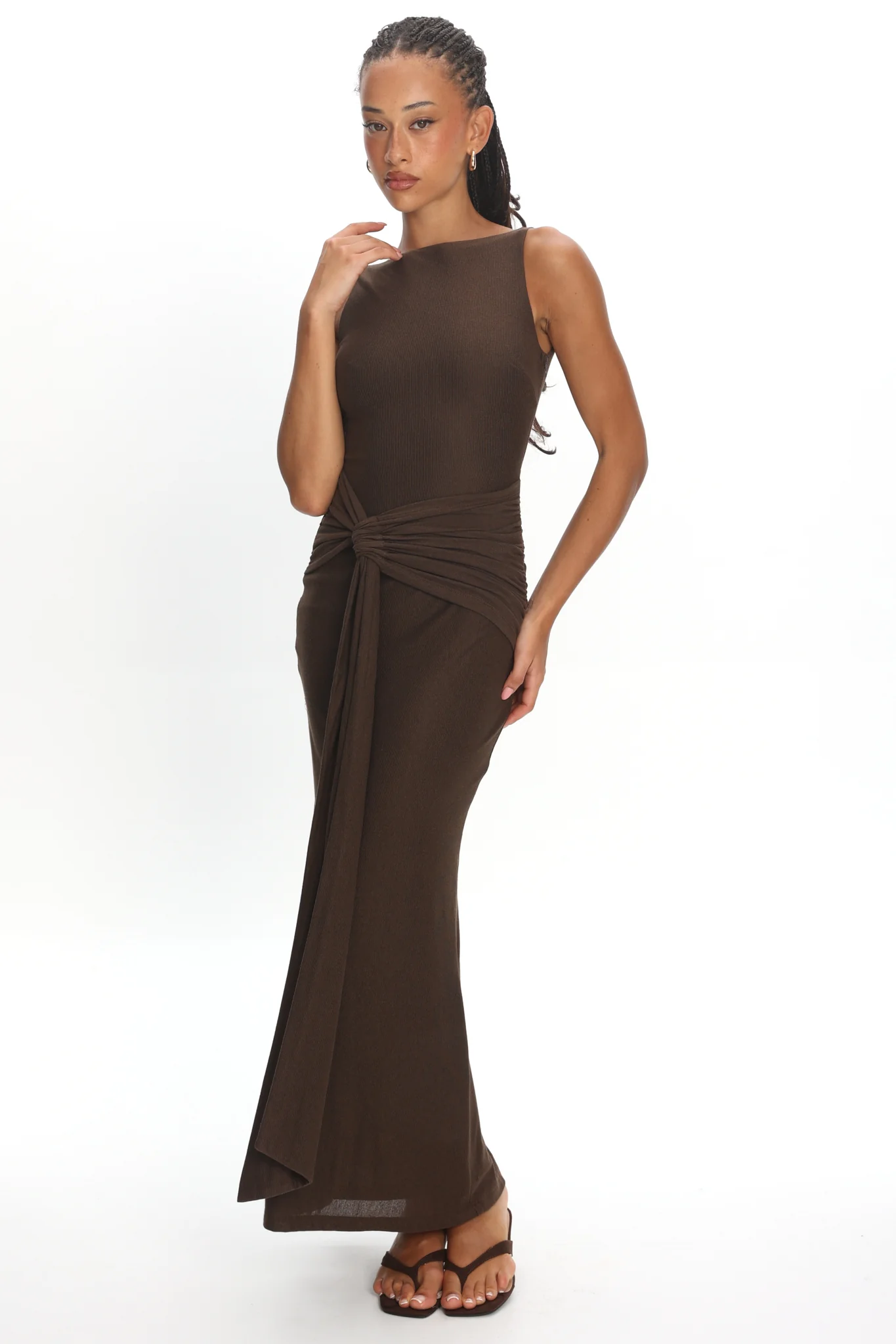 Luli Boat Neck Sash Maxi Dress Chocolate - luluinthesky