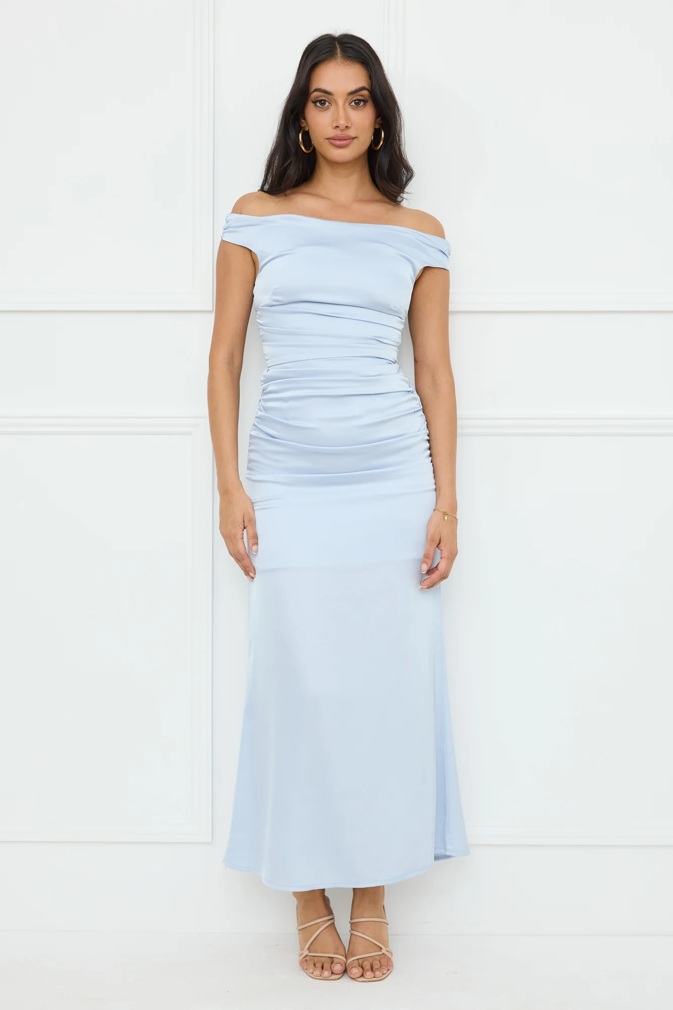 Polished Radiance Off Shoulder Satin Maxi Dress Blue