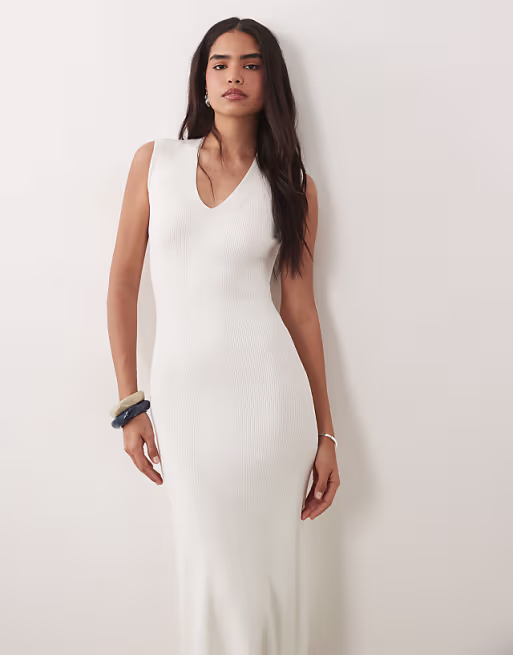 Mango compact knit sleeveless midi dress in white