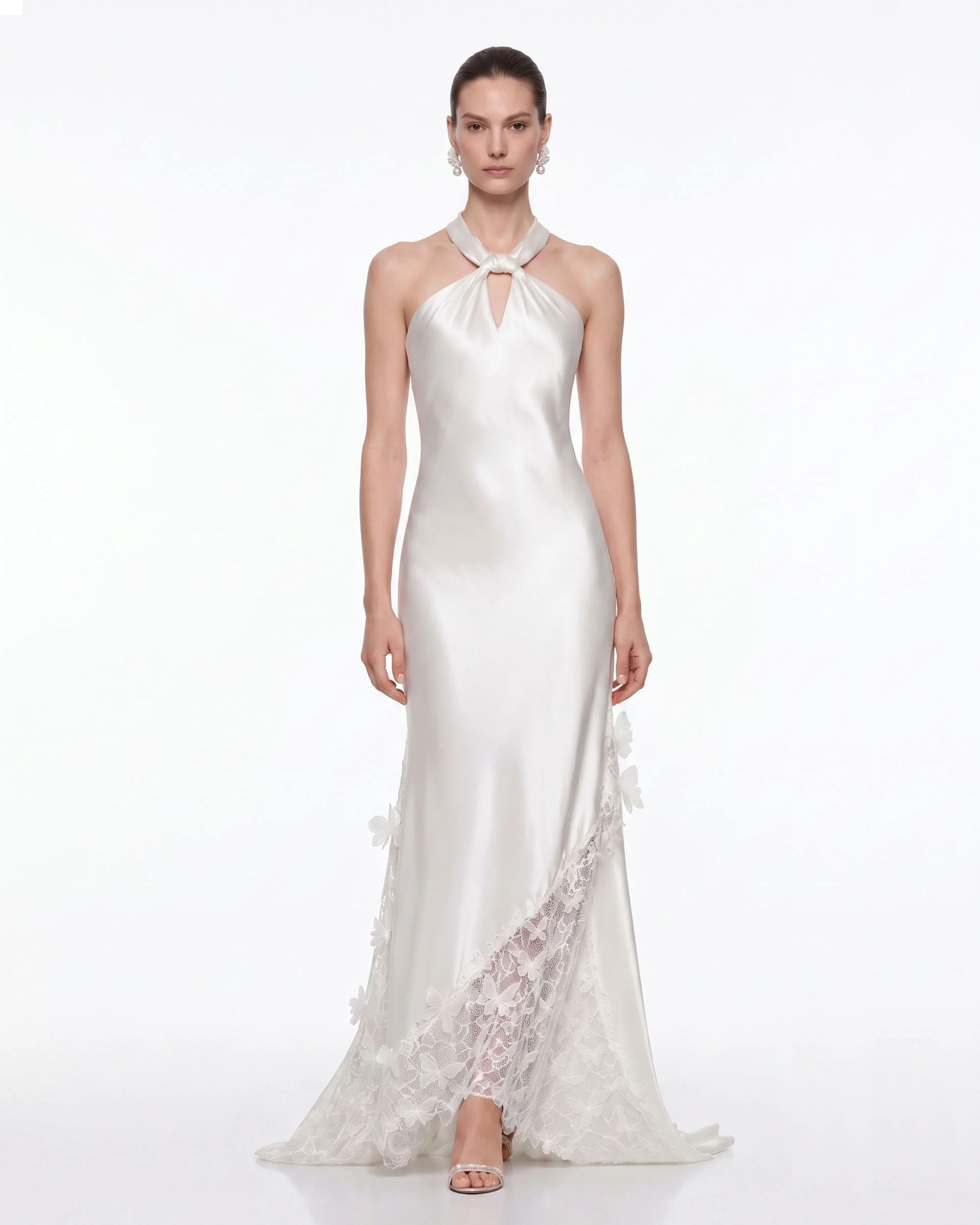Lace Panel Halter Satin Maxi Dress - White